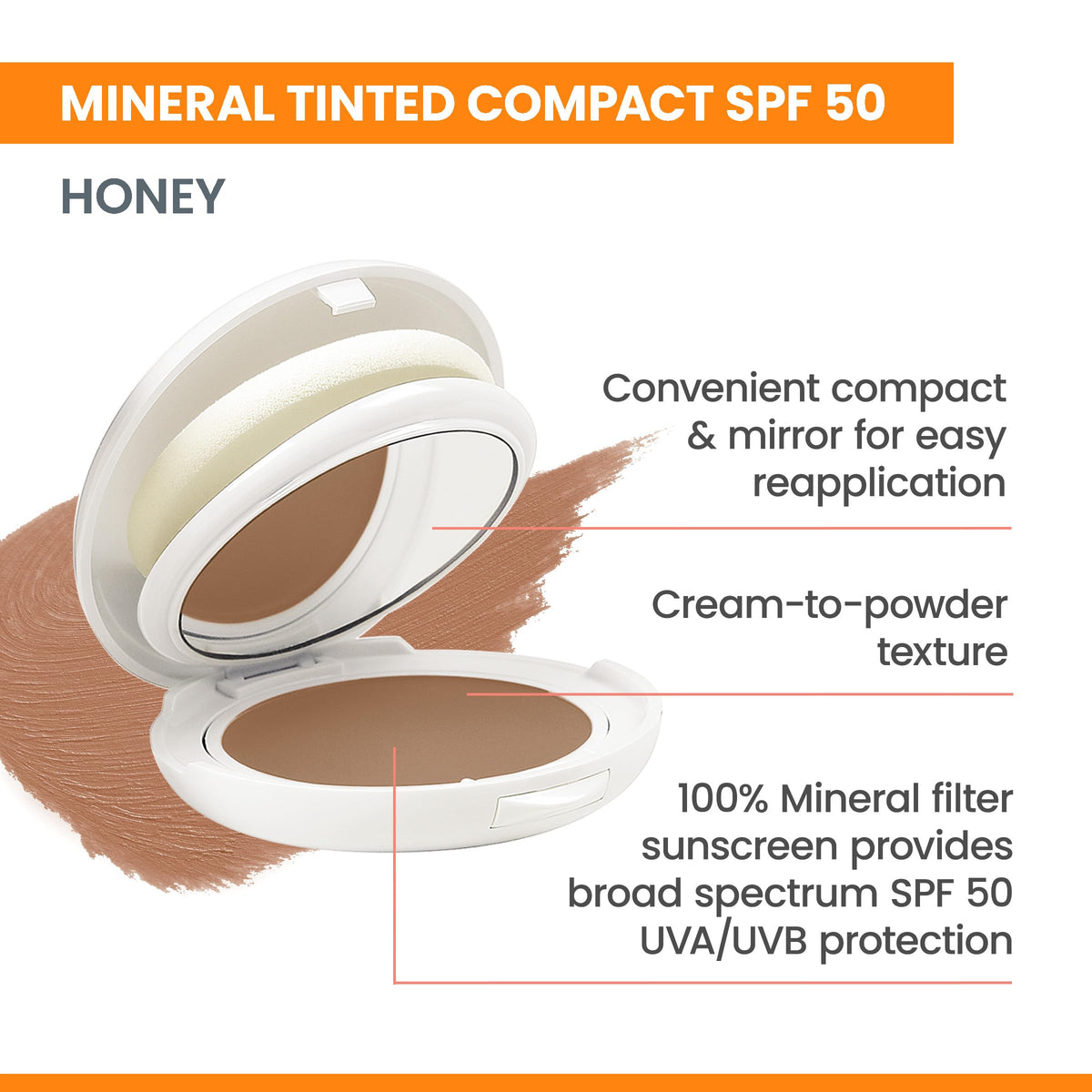 Eau Thermale Avene Compacto tintado de alta protección, amplio espectro SPF 50+, protección UVA/UVB azul, resistente al agua, no graso, 0.35 onzas, Honey, 8.5 g