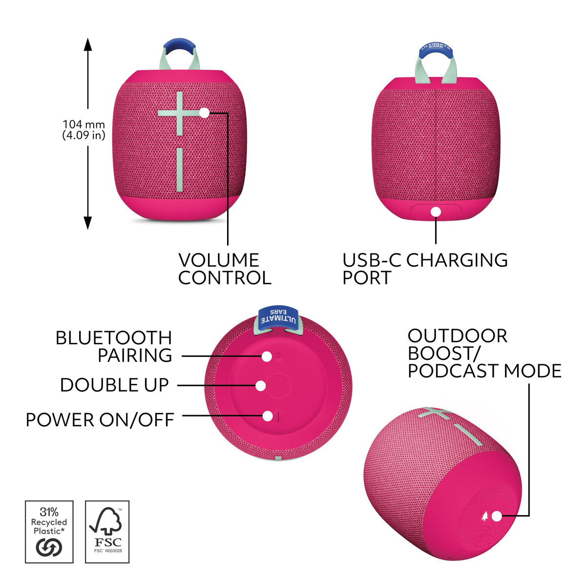 Altavoces Bluetooth Ultimate Ears WONDERBOOM Rosa con Graves Potentes y Sonido de 360 Grados para Exteriores