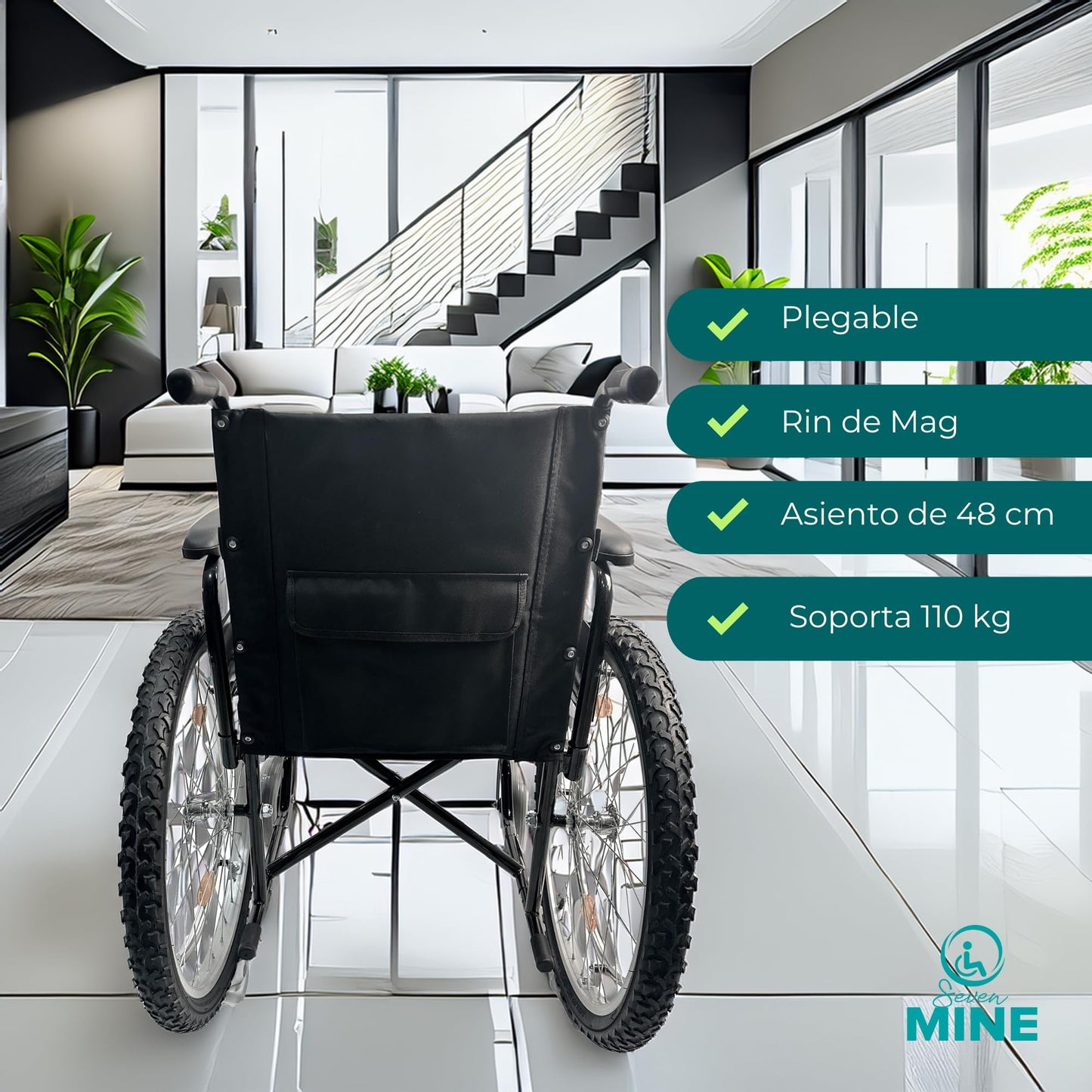 Silla de Ruedas Todo Terreno SEVEN MINE Negra con Neumáticos Traseros de 24 Pulgadas y Llantas Anchas Delanteras 8x2 Pulgadas