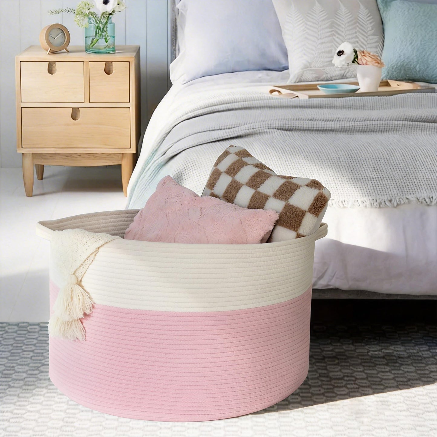 MEGASKET Cestas de almacenamiento rosas para organizar, 22 x 22 x 14 pulgadas, cesta de manta XXXL para sala de estar, cesta de juguetes grande, cestas tejidas de cuerda de algodón rosa suave para almacenamiento, cestas decorativas para guardería