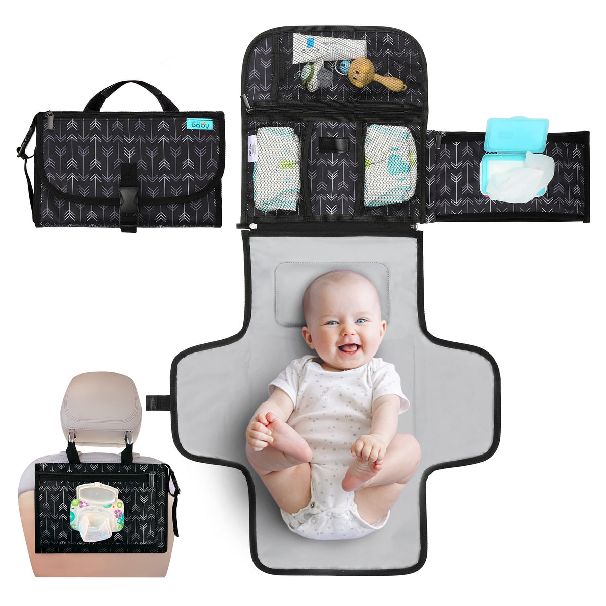 Kopi Baby - Cambiador de pañales portátil para bebé, bolsa de viaje con bolsillo para toallitas, tapete cambiador portátil de diseño inteligente, kit de estación de viaje para bebés, regalo para niñas