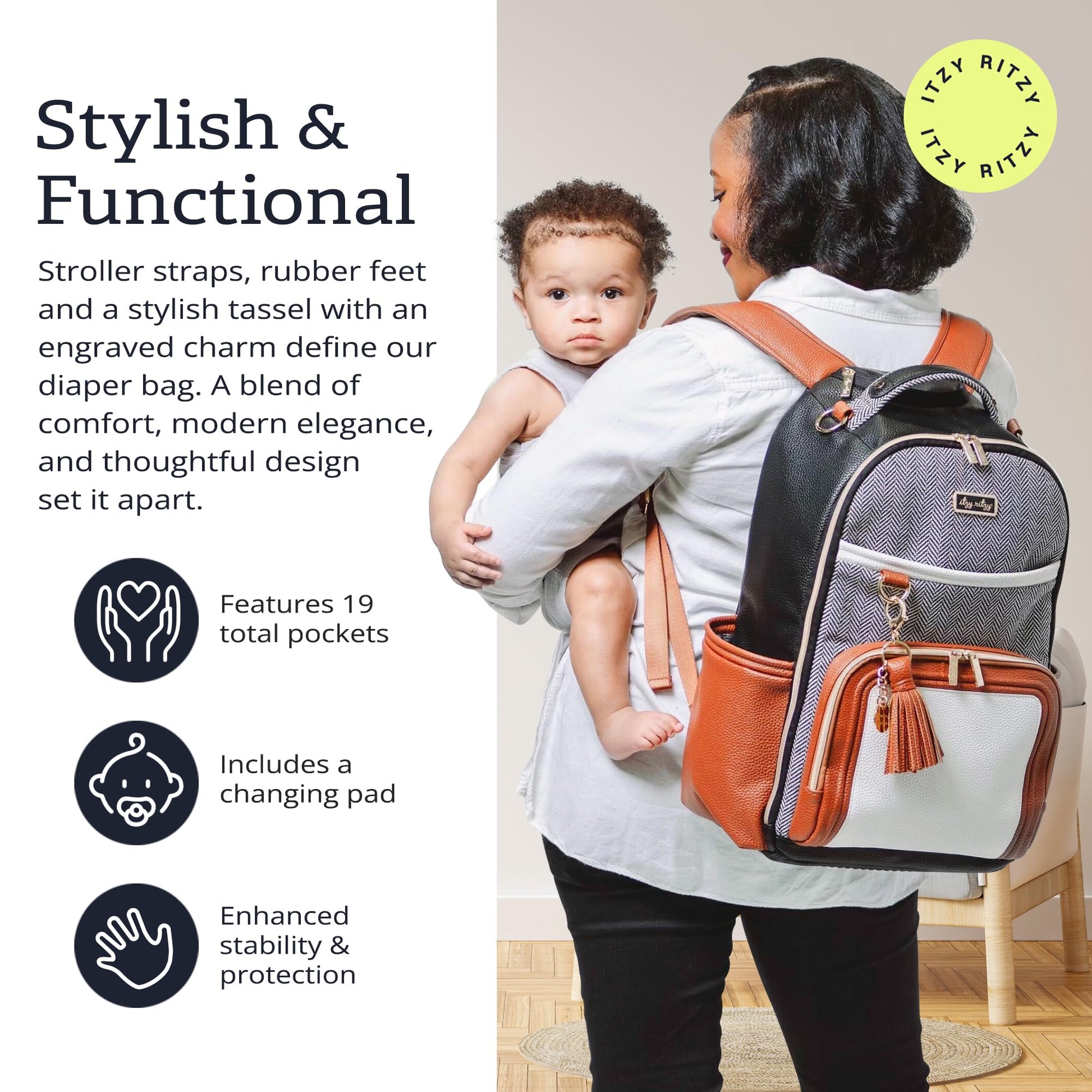 Itzy Ritzy - Mochila para pañales de gran capacidad Boss Plus para bebé con 19 bolsillos, cambiador, clips para cochecito y cómodas correas para mochila, café y crema