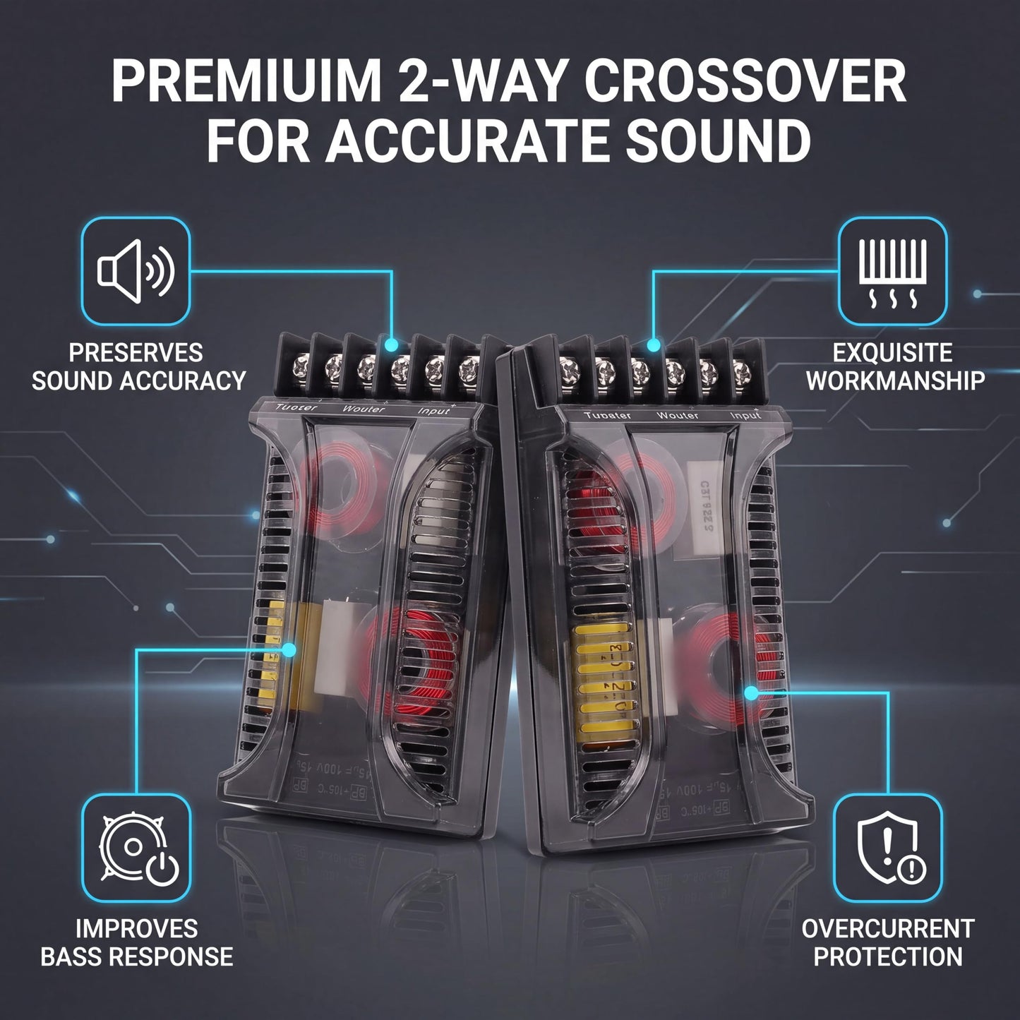 Crossover de Audio para Automóvil de 2 Vías, Divisor de Frecuencia de Altavoz de 2 Piezas Crossover Pasivo de Audio para Automóvil de hasta 300 Vatios, Protección contra Sobrecorriente Disipación de C