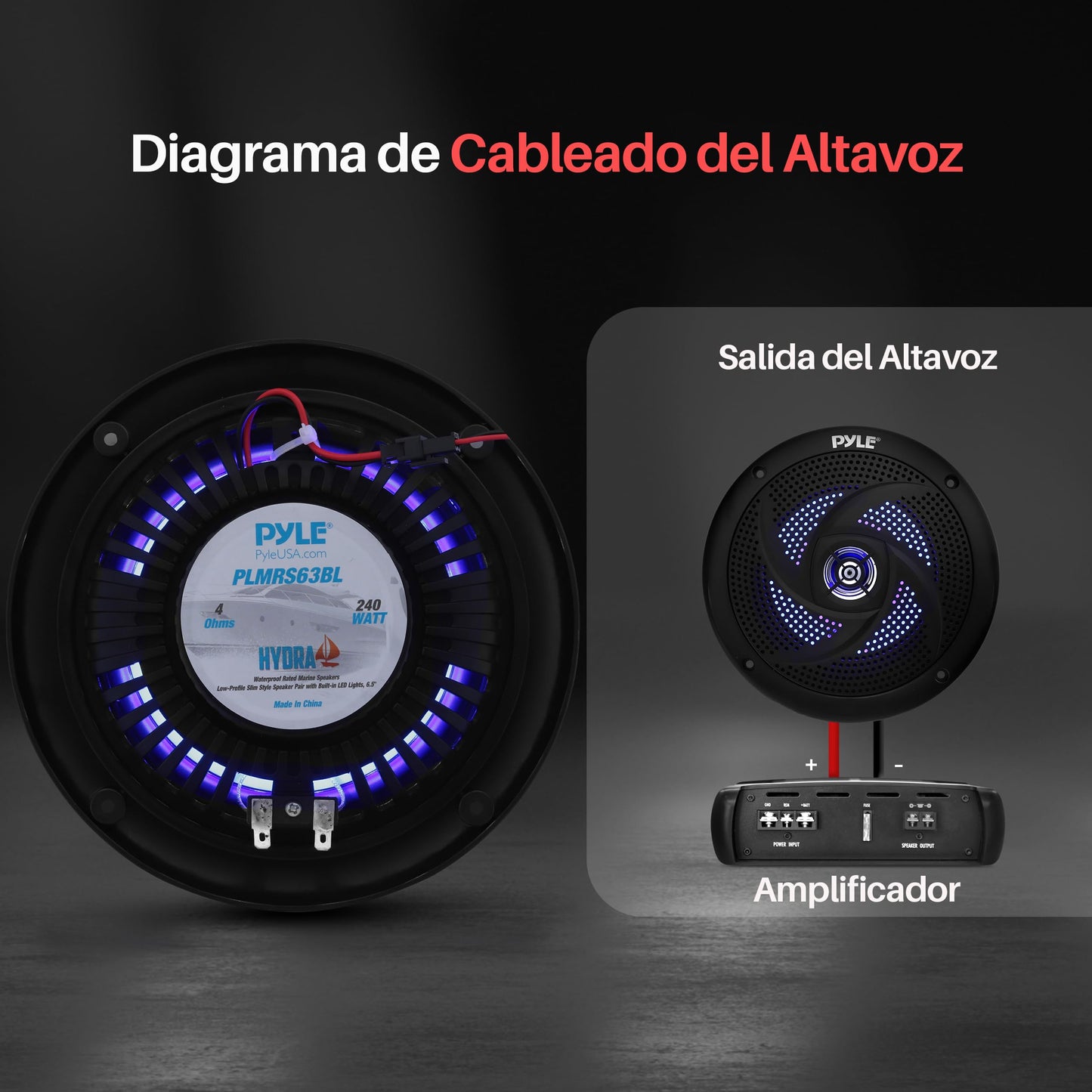 Pyle Bocinas Marinas Dobles de 6.5 Pulgadas. Sistema de Sonido Estéreo para Exteriores Resistente al Agua. Luz LED. Potencia 240 Watts. 1 Par. Negro