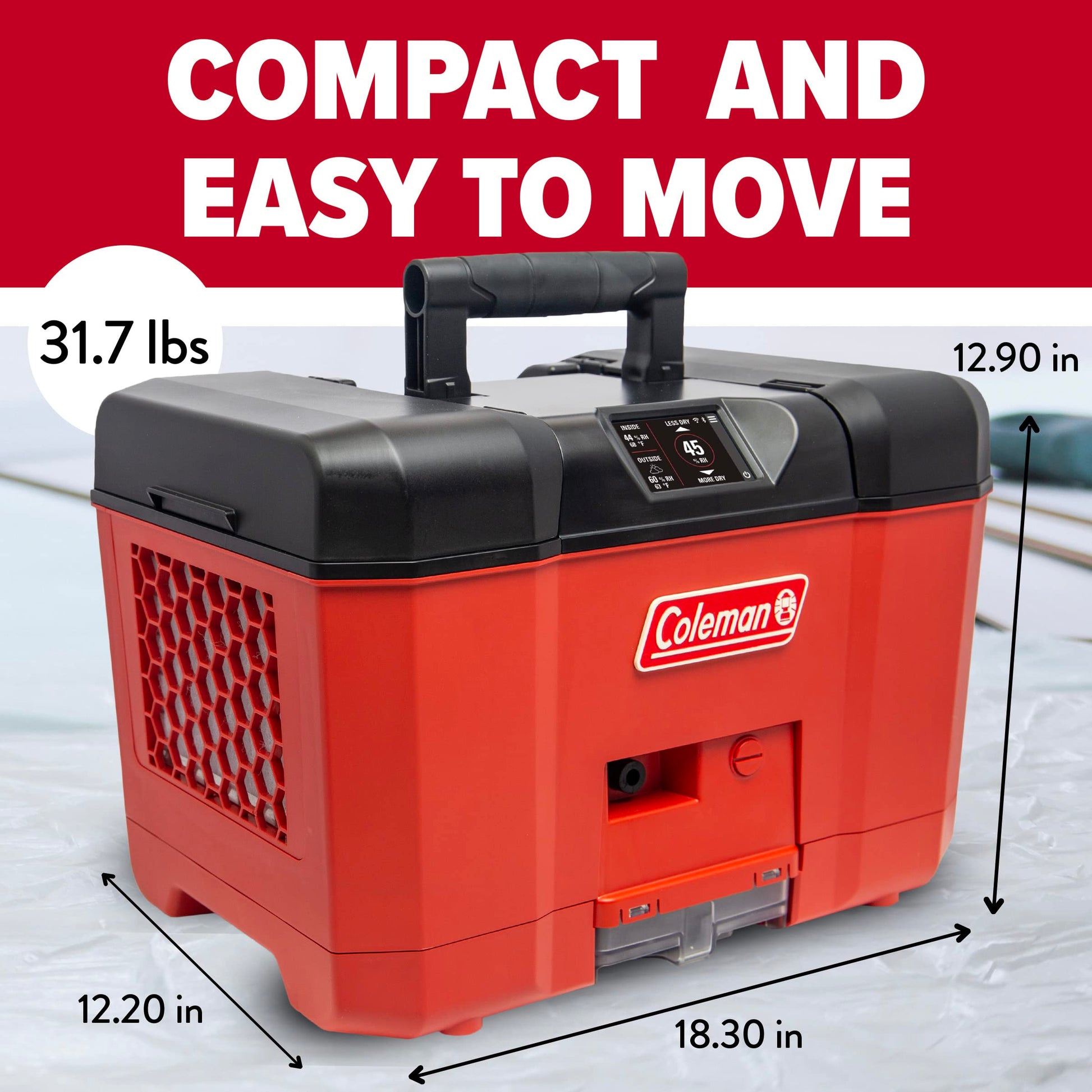 Coleman DX 2500 Deshumidificador, hasta 800 pies cúbicos, portátil, versátil, compatible con WiFi y Bluetooth, ideal para caravanas, barcos, cabinas, tiendas, sótanos y espacios de arrastre