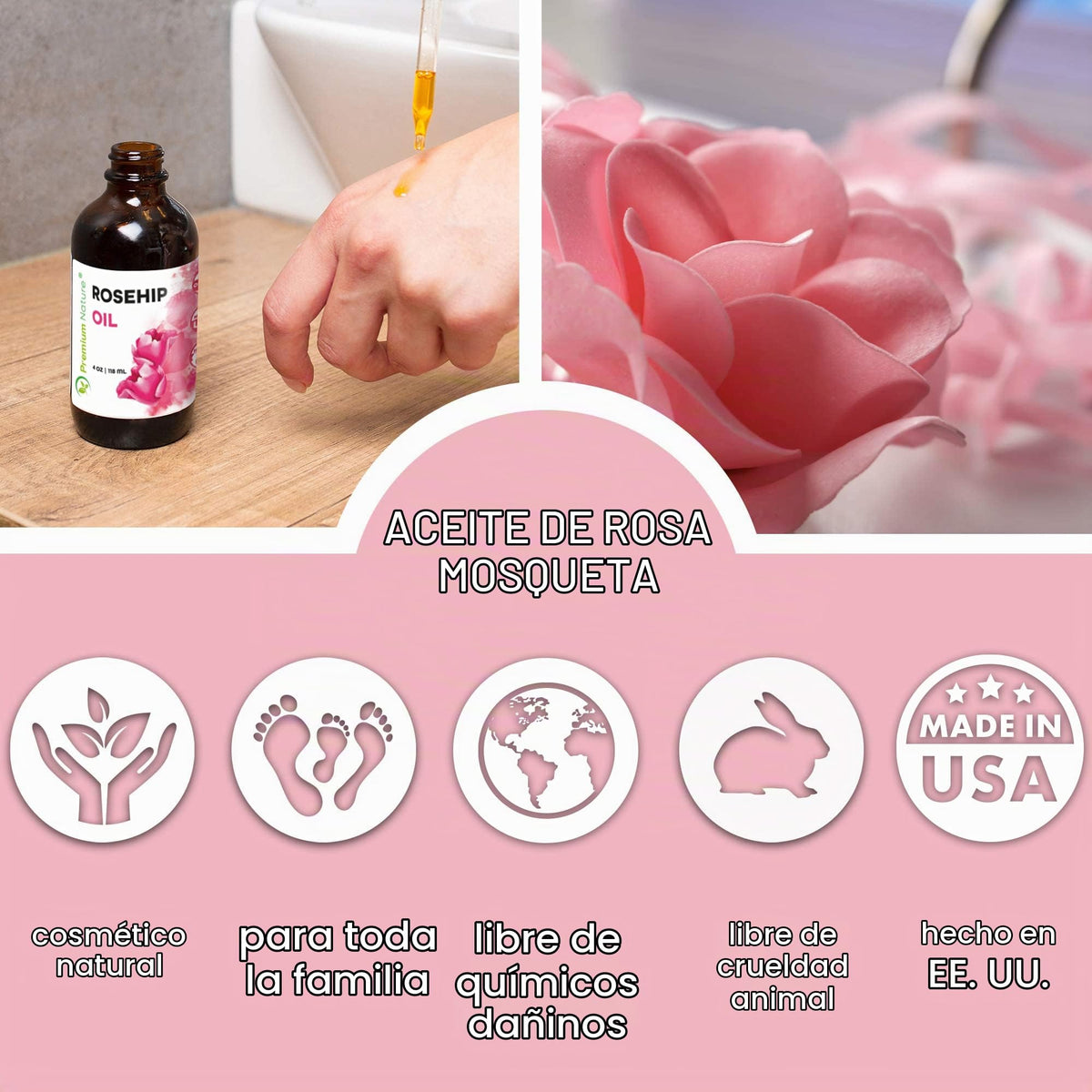 Aceite de rosa mosqueta Premium Nature Aceite de rosa mosqueta – Aceite de rosa mosqueta para la cara, aceite de semilla de rosa mosqueta puro prensado en frío sin refinar aceite de rosa mosqueta para el cabello y las uñas de la cara, aceite esencial de r