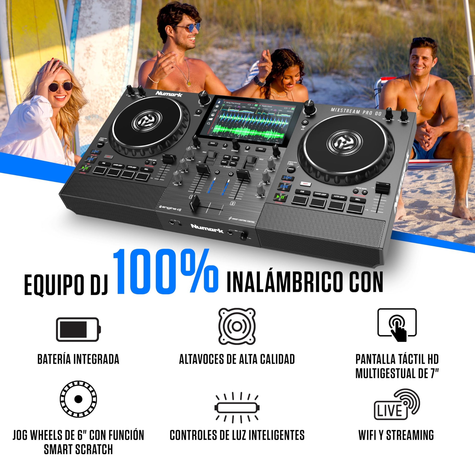 Controlador DJ Numark Mixstream Pro Go portátil con batería y pantalla táctil