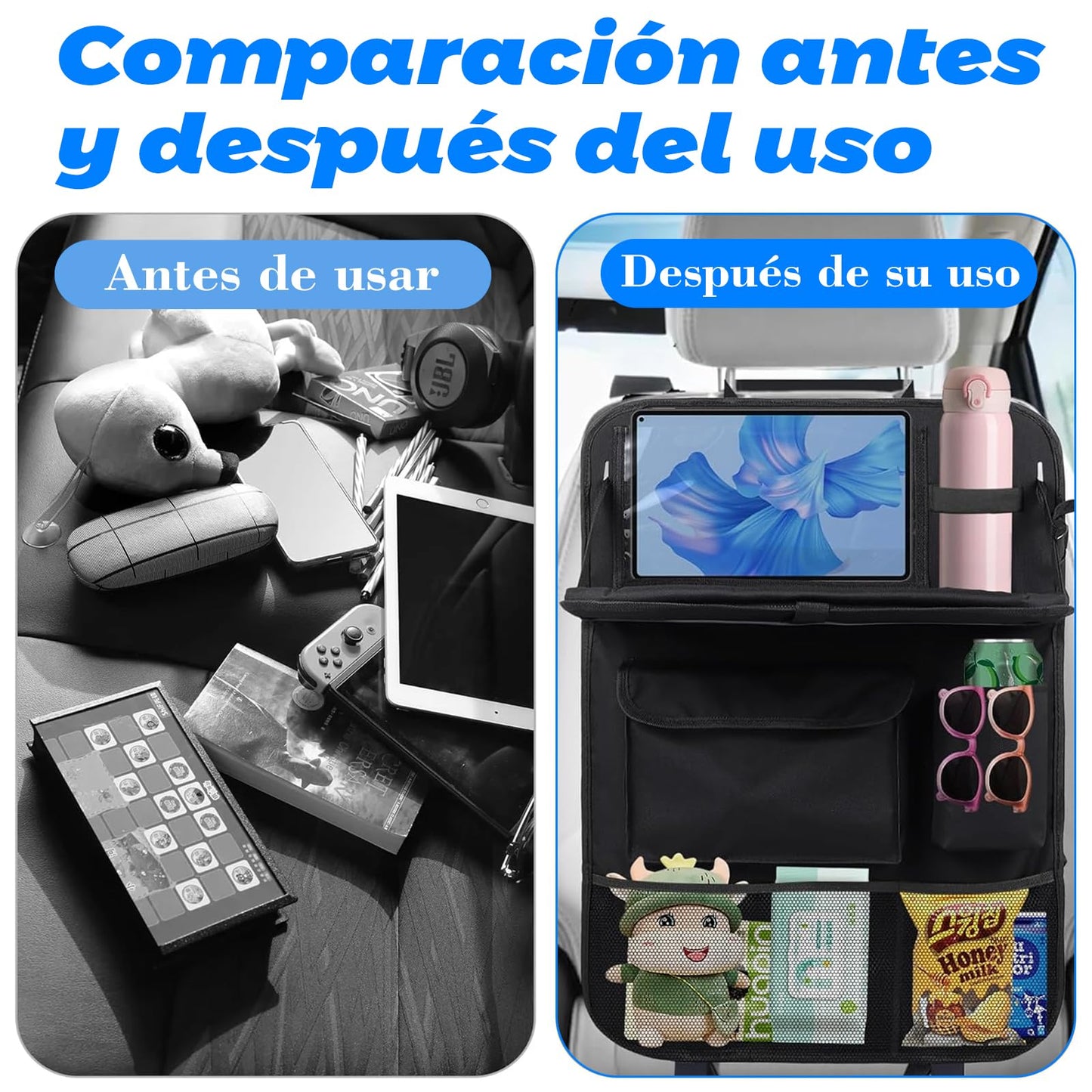 Organizador para Asiento Trasero de Auto con Bandeja, Bolsa de Almacenamiento y Protector de Asiento para Coche, Accesorio Esencial para Niños y Viajes Familiares en Carretera (Negro 1 pieza)