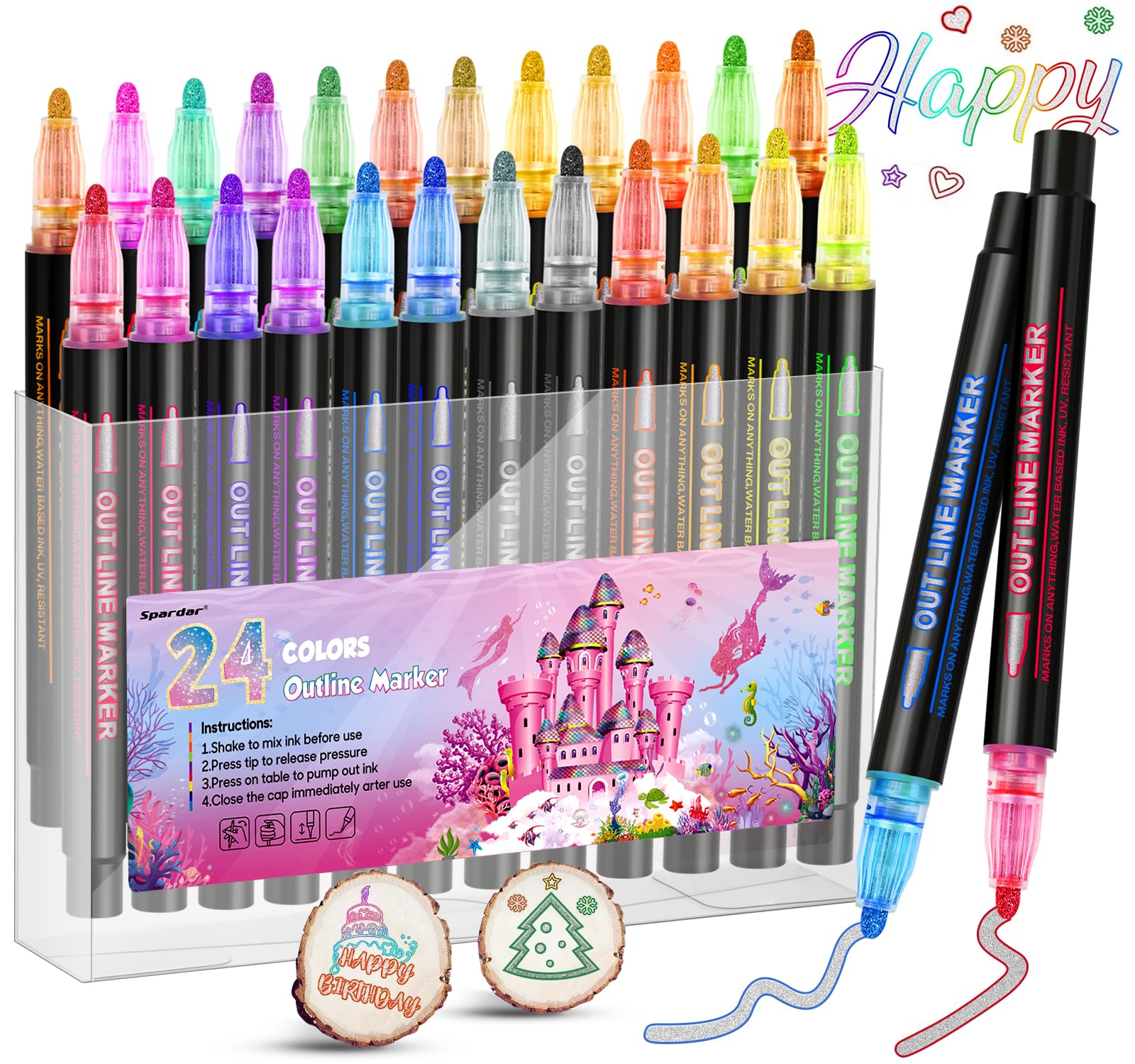 24 Colores Marcadores Acrílicos con Purpurina, Juego de Plumones de Acrilico de Contorno con Eefecto Garabato, para Tarjetas de Bricolaje, Arte de Piedras, Albumes de Recortes y más