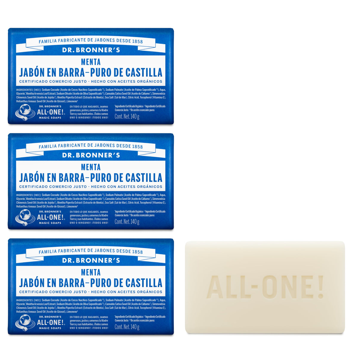 Dr. Bronner's | Jabón de castilla orgánico en barra, fórmula concentrada, frescor intenso y piel revitalizada, con aceite esencial de Menta, aroma Menta (3 pack)