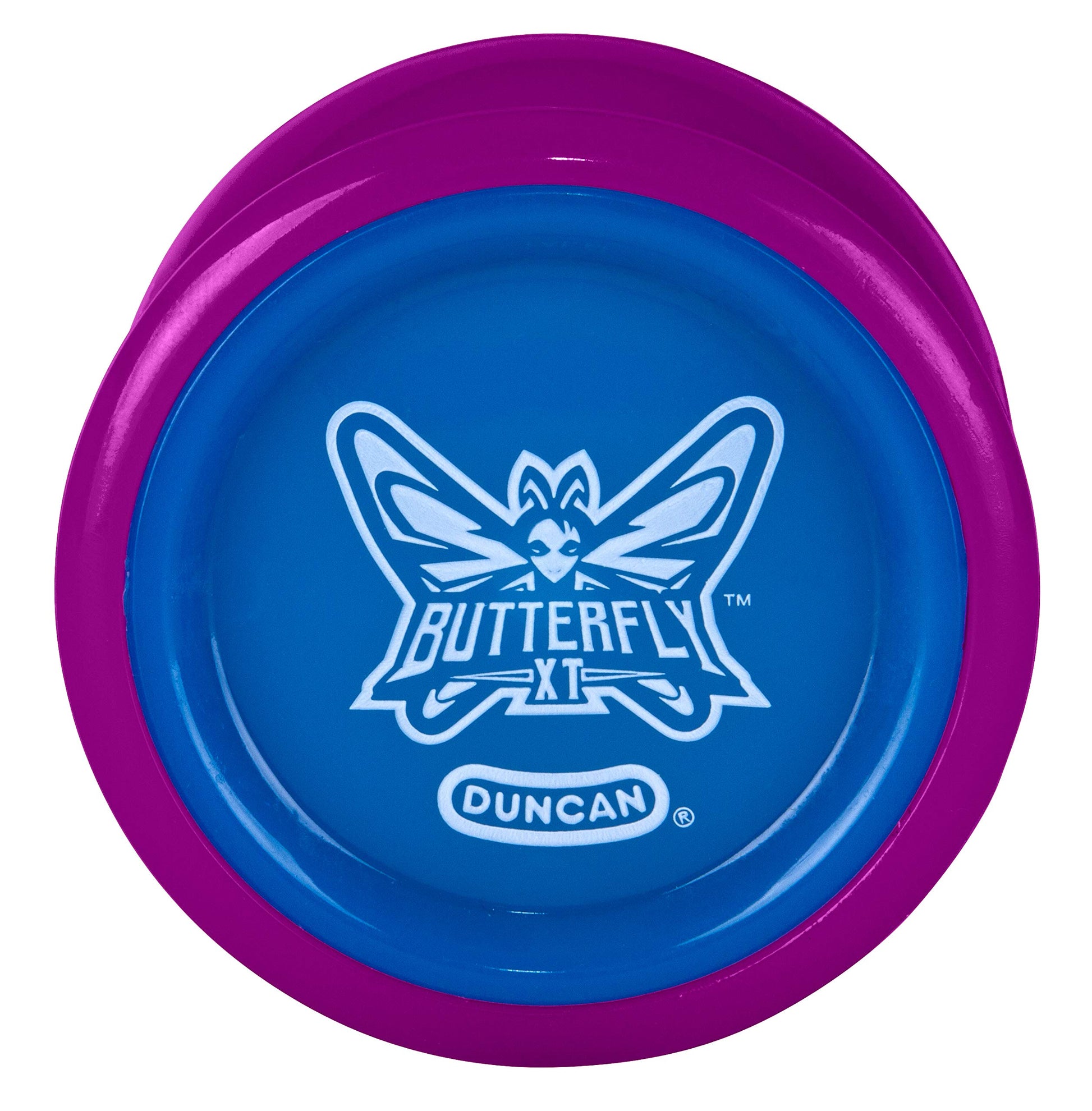 Duncan Toys Butterfly XT Yo-Yo con Cuerda, Eje de rodamiento de Bolas y Cuerpo de plástico, Truco de Cuerda, Morado con Tapa Azul