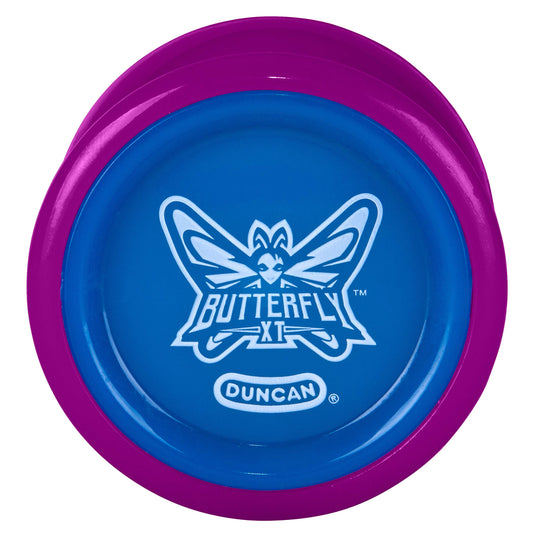 Duncan Toys Butterfly XT Yo-Yo con Cuerda, Eje de rodamiento de Bolas y Cuerpo de plástico, Truco de Cuerda, Morado con Tapa Azul