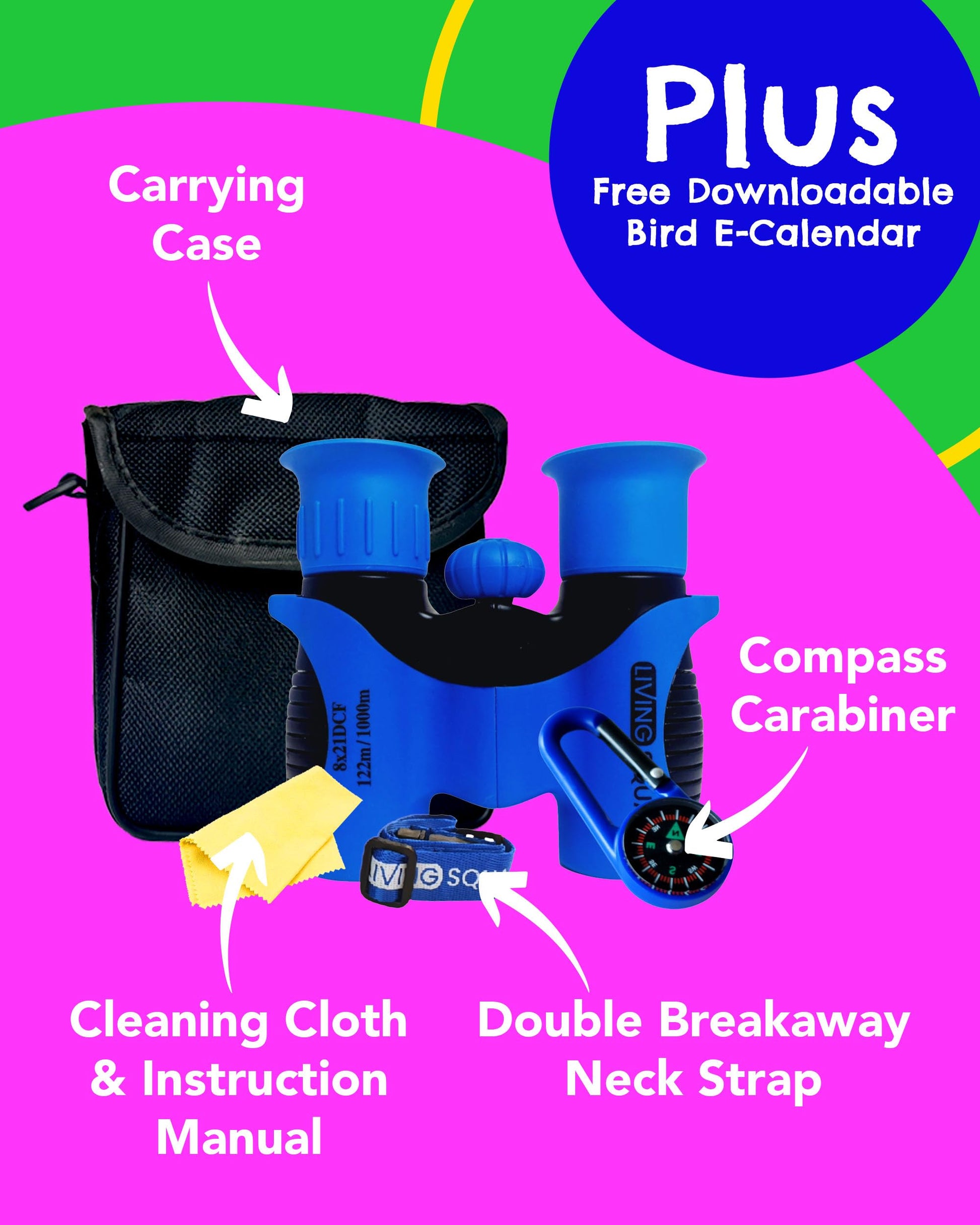 Living Squad - Prismáticos para niños, 8 x 21 Pulgadas, Color Azul, para niños de 3 a 12 años, a Prueba de Golpes, para niños con óptica de Alta resolución, Funda, Correa para el Cuello