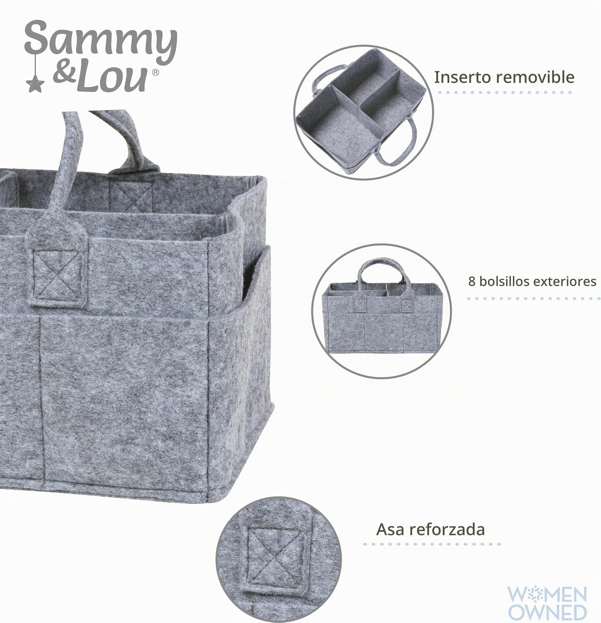 Sammy & Lou - Organizador plegable de fieltro gris claro, diseño dividido para mantener organizados pañales, toallitas y artículos cambiantes, dos asas, 12 x 6 x 8 pulgadas