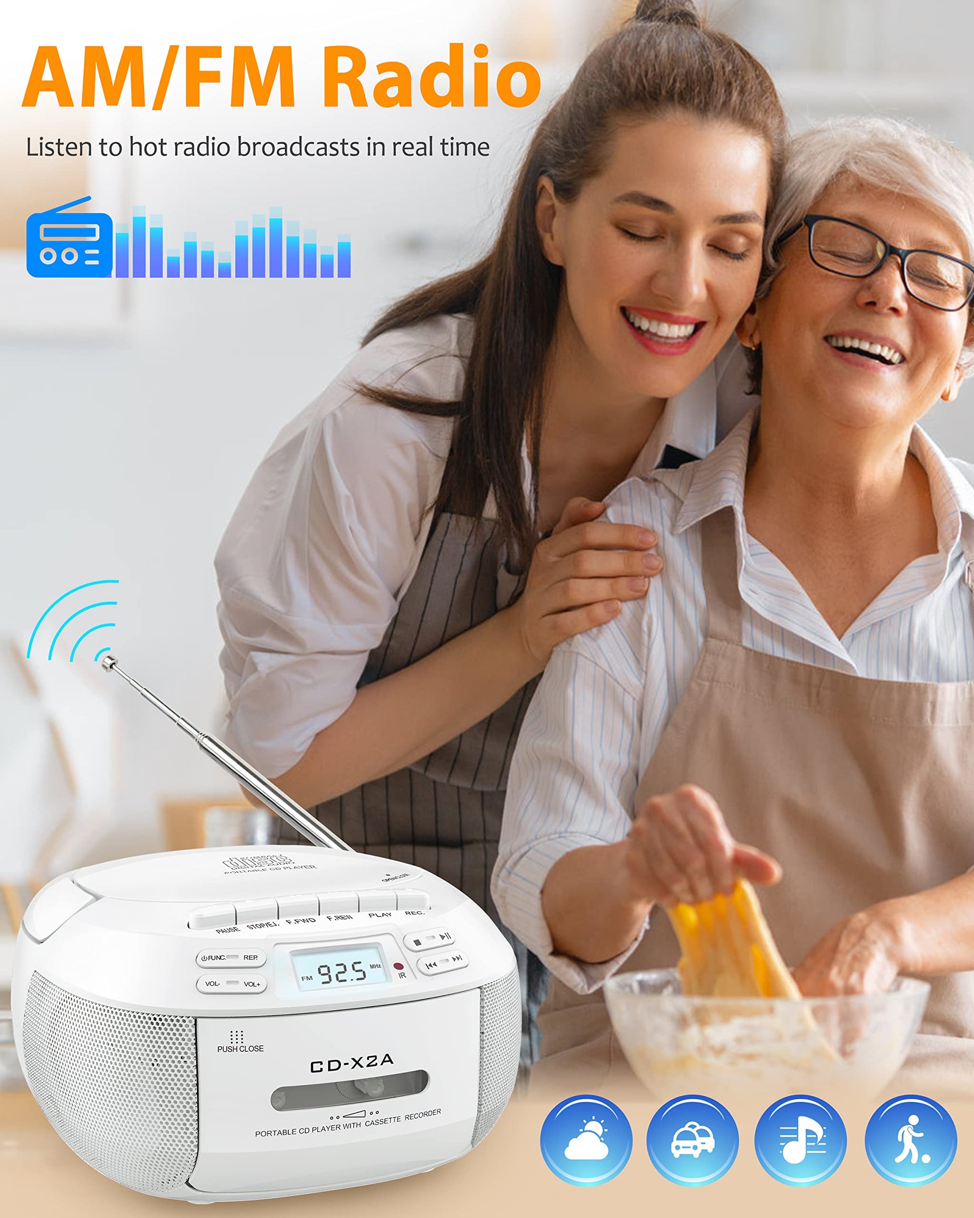 Greadio Reproductor de CD Boombox Cassette Combo con Bluetooth, radio AM/FM, sonido estéreo con control remoto, unidad AUX/USB, grabación de cinta, alimentación CA/CC, conector de auriculares,