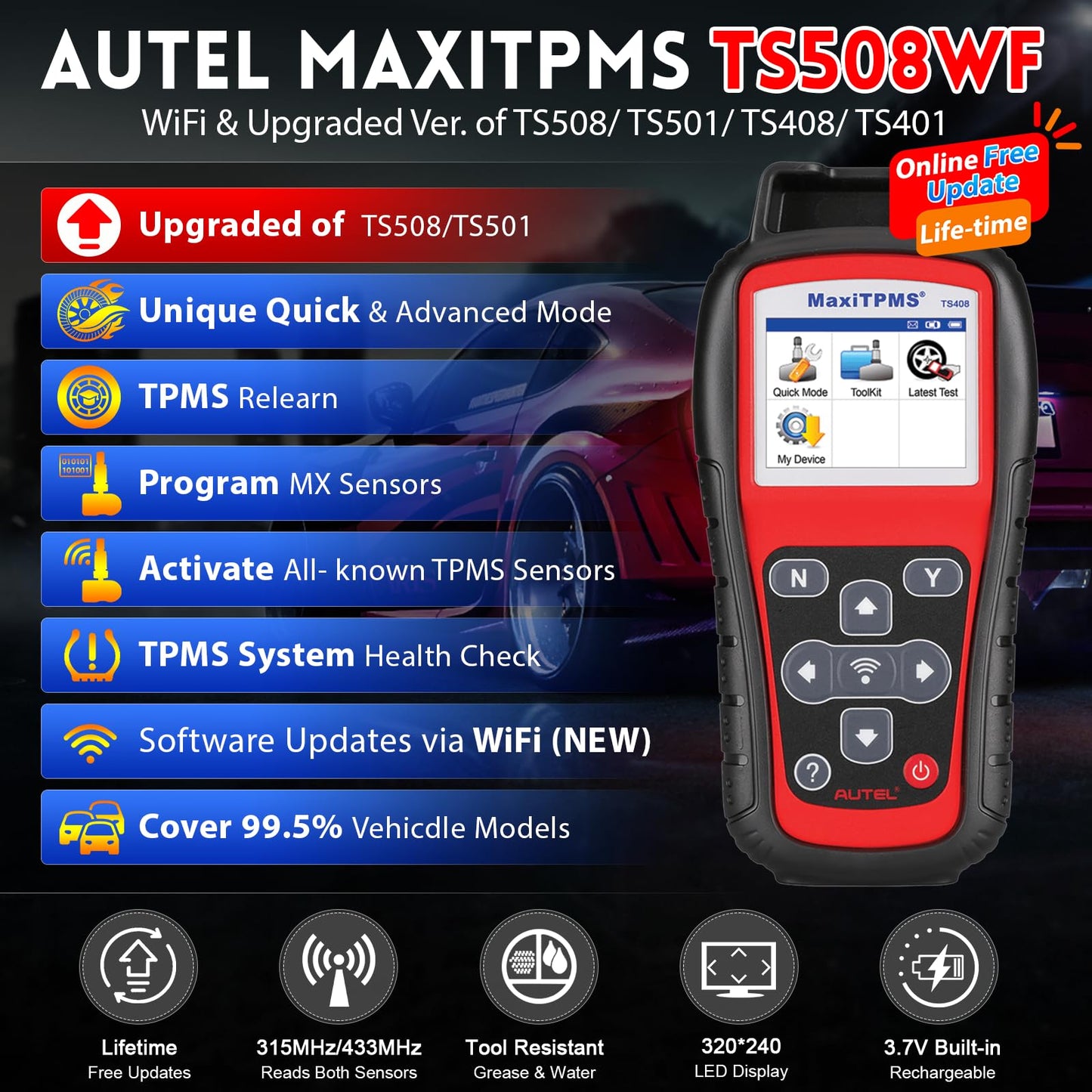 Autel MaxiTPMS TS508WF Herramienta de reinicio (original 2025 nueva) actualizada de TS508, TS601, programa MX-Sensores (315/433 MHz), activar/reiniciar todos los sensores, TPMS restablecer,