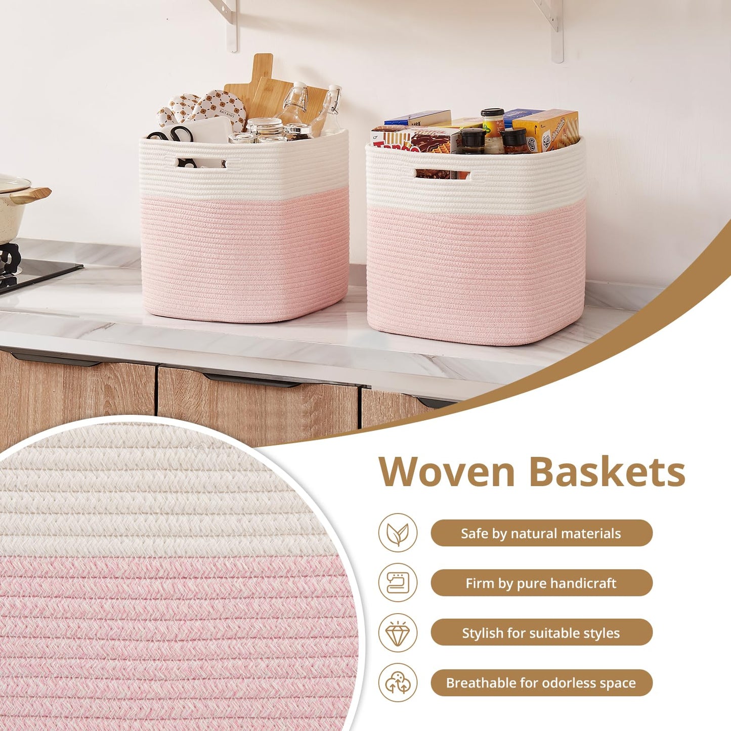 OIAHOMY - Cestas tejidas de cuerda de algodón para organizar 3 unidades de 13 x 13 x 12.6 pulgadas, cestas rectangulares de almacenamiento para ropa, cestas de almacenamiento para niños, sala de