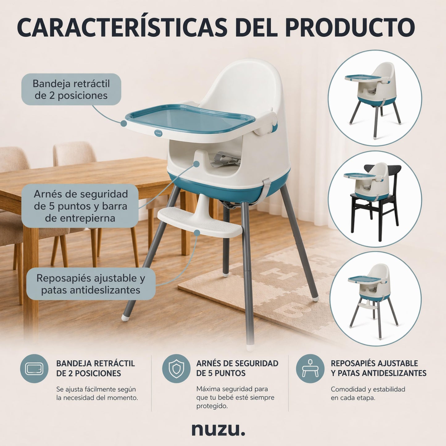 NUZU Periquera para Bebe 3 en 1 | Silla para Bebe Comer Multifuncional con Seguridad y Estilo | Versatilidad en Espacios Reducidos | Asiento Elevador Ajustable para Bebes 6 meses a 4 Años. (Azul)