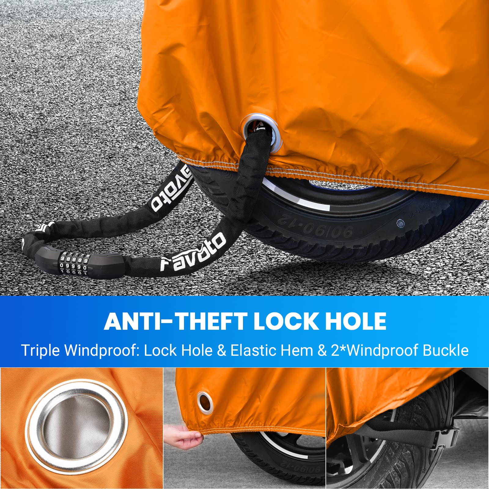 Favoto - Funda para motocicleta de 295 centímetros de longitud para todas las estaciones, impermeable, protección solar y exterior, reflector nocturno duradero con agujeros de bloqueo y bolsa de almacenamiento, funda para motocicleta.