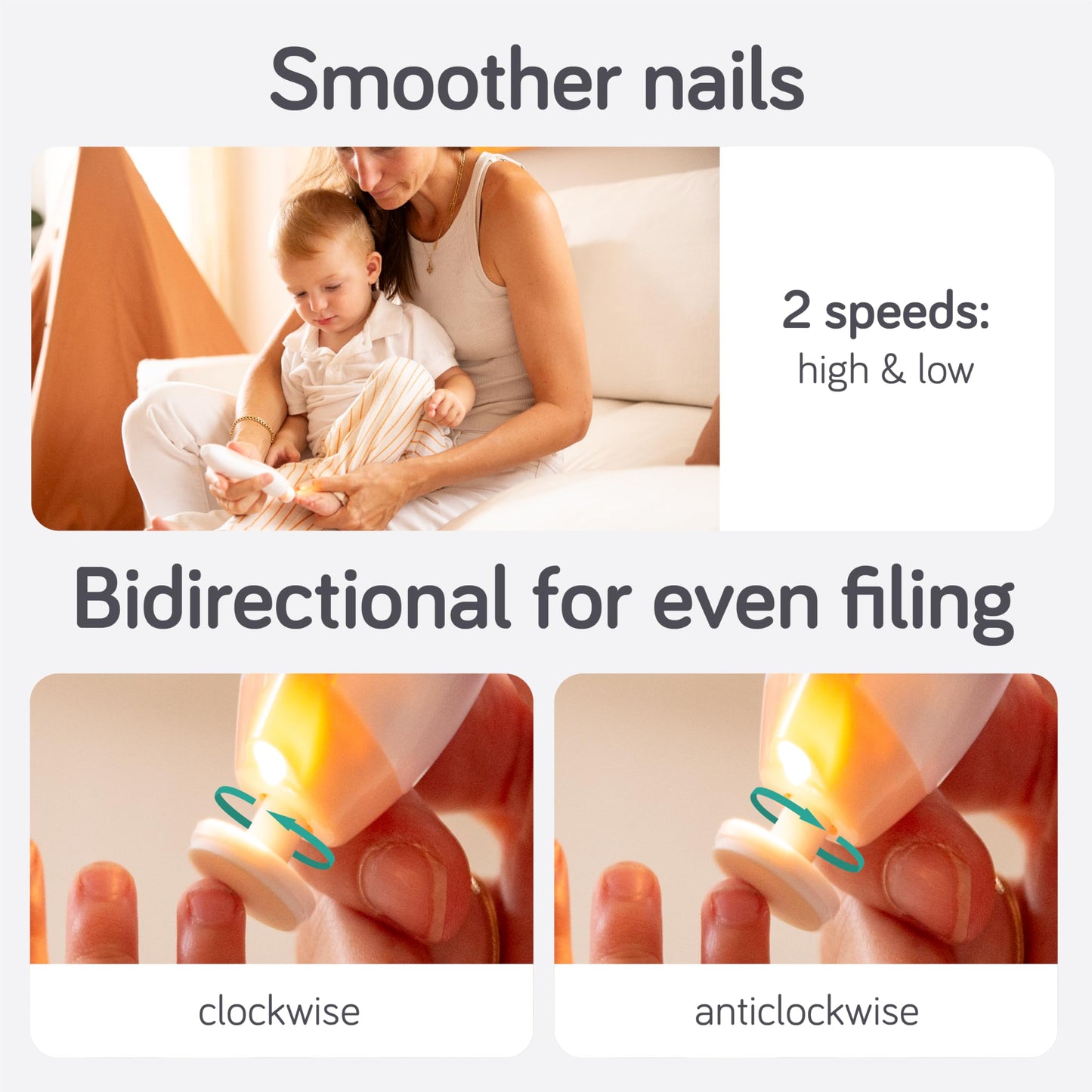 Cherish Baby Care - Lima de uñas eléctrica para bebé con LED, con cierre de seguridad automática, doble direccional con 2 velocidades y 6 limas (+ estuche de viaje)