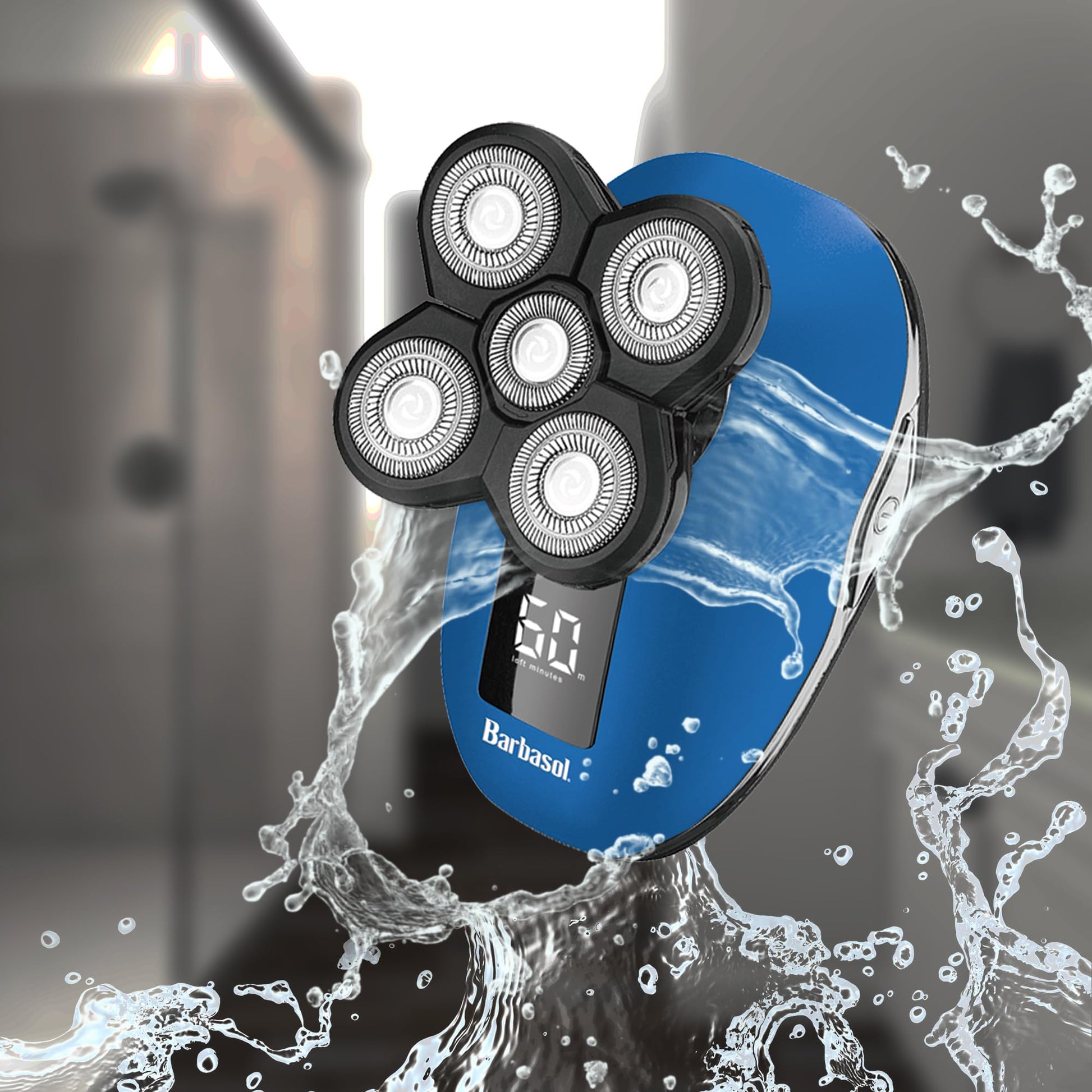 Barbasol Signature Series - Afeitadora de cabeza giratoria recargable en húmedo y seco con 5 cuchillas de acero inoxidable, LCD, azul