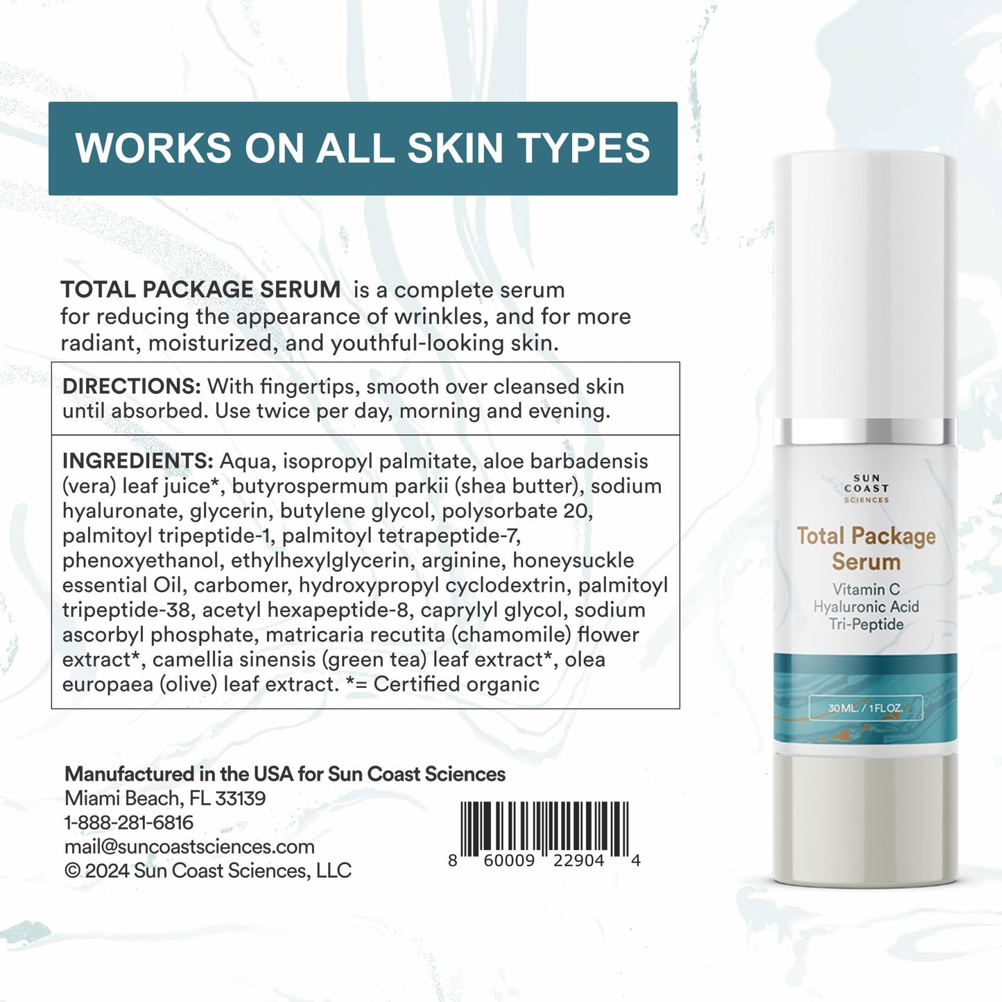 SUN COAST SCIENCES Sun Coast Sciences - Suero facial con paquete completo, todo en uno, con vitamina C, ácido hialurónico y péptidos, súper suero facial antienvejecimiento para arrugas, iluminador y