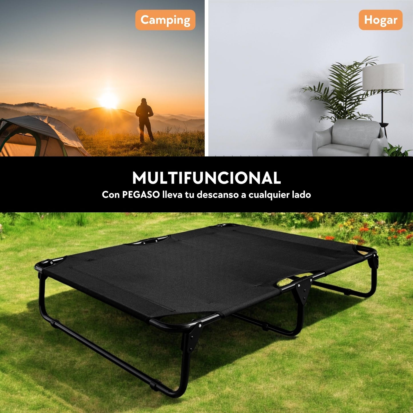 Cama Elevada para Perro PEGASO Negra tamaño Extra Grande Transpirable y Lavable