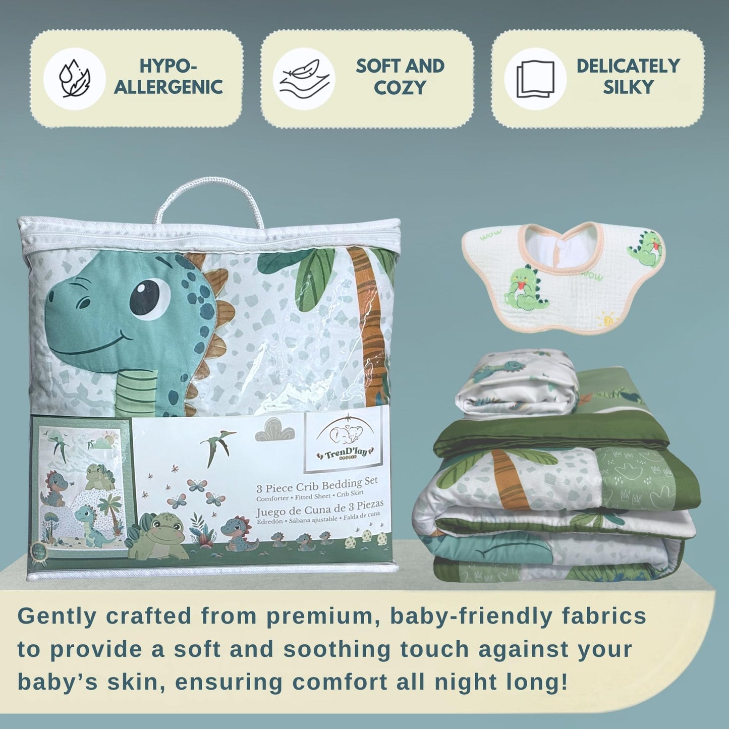 TrenD'lay - Juego de cama de 3 piezas para cuna para niños o niñas, incluye edredón y falda de cama