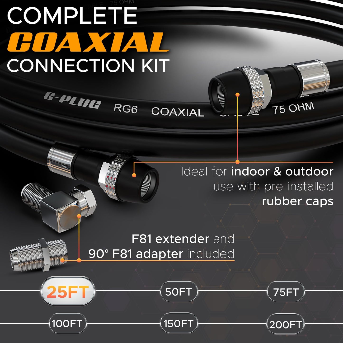 G-PLUG Cable Coaxial RG6 75 Ohm, Triple Blindaje, Impermeable, Conectores F Tipo Macho a Macho, Cable Antena TV, Satelital e Internet Banda Ancha, Incluye Acoplador F81, Negro