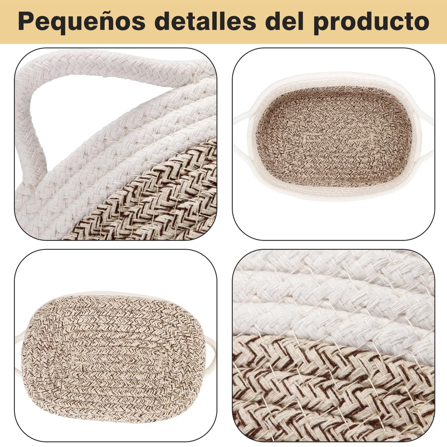 NUIO 5 Piezas Canastas Organizadoras Rectangulares de Algodón Natural con Asas, Caja Cestas de Almacenamiento,Ideal para Baño, Juguetes Infantiles, Clóset, Maquillaje y Organización del Baño (caqui)