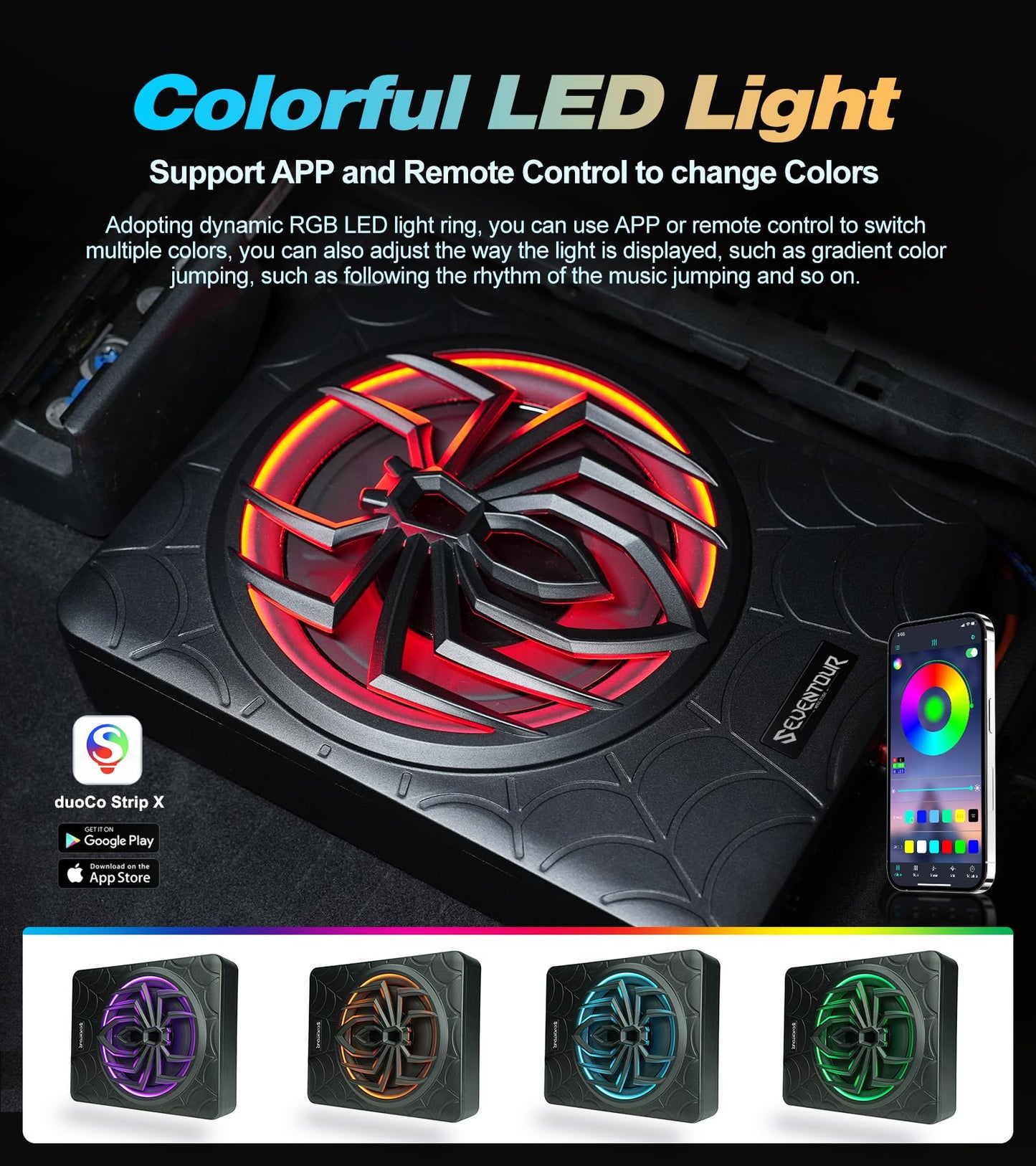 Seventour Subwoofer delgado de 1200 W de 10 pulgadas con asiento para coche, subwoofer de audio para coche/camión con amplificador integrado, paquete combinado de amplificador, con luz LED RGB