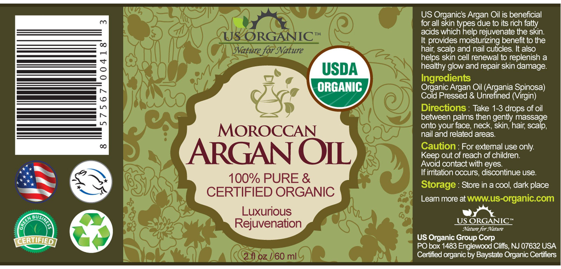US Organic Moroccan Argan Oil, USDA Certified Organic,100% Pure & Natural, Cold Pressed Virgin, Unrefined, in Amber Glass Bottle with Glass Eye Dropper for Easy Application (2 oz (56 ml))