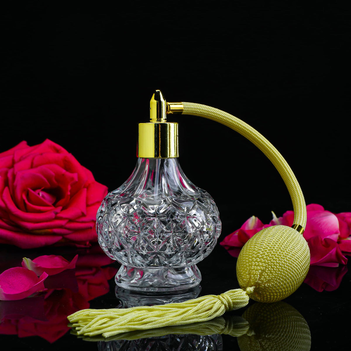 H&D Charming Clear Checked Carved Glass Empty Refillable Perfume Bottle with Spray Atomizer