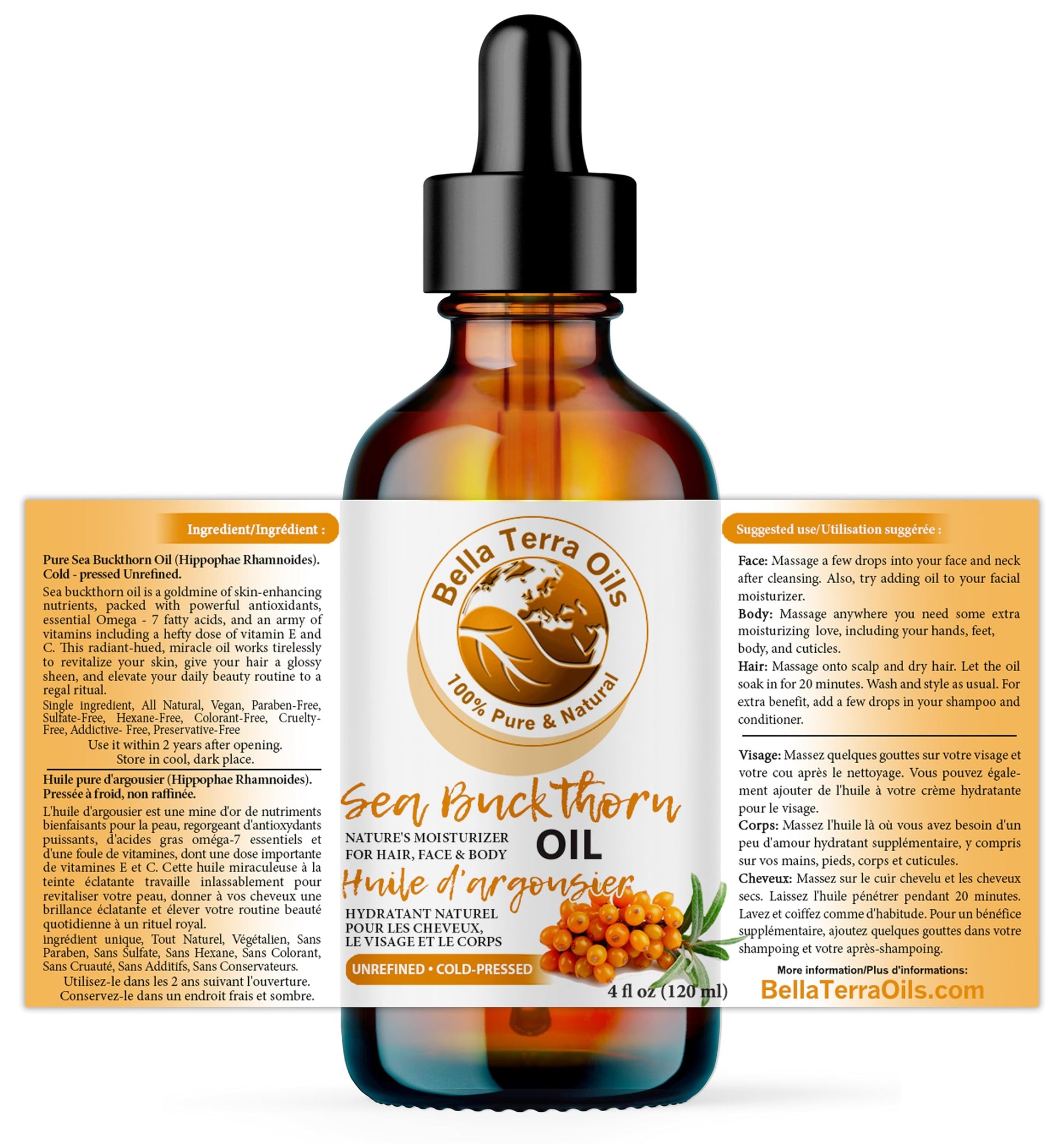NEW Sea Buckthorn Oil. 4oz. Cold-pressed. Unrefined. Organic. 100% Pure. Non-comedogenic. Hexane-free. Relieves Symptoms of Eczema, Psoriasis, Acne. Natural Moisturizer. For Hair, Skin, Stretch Marks.