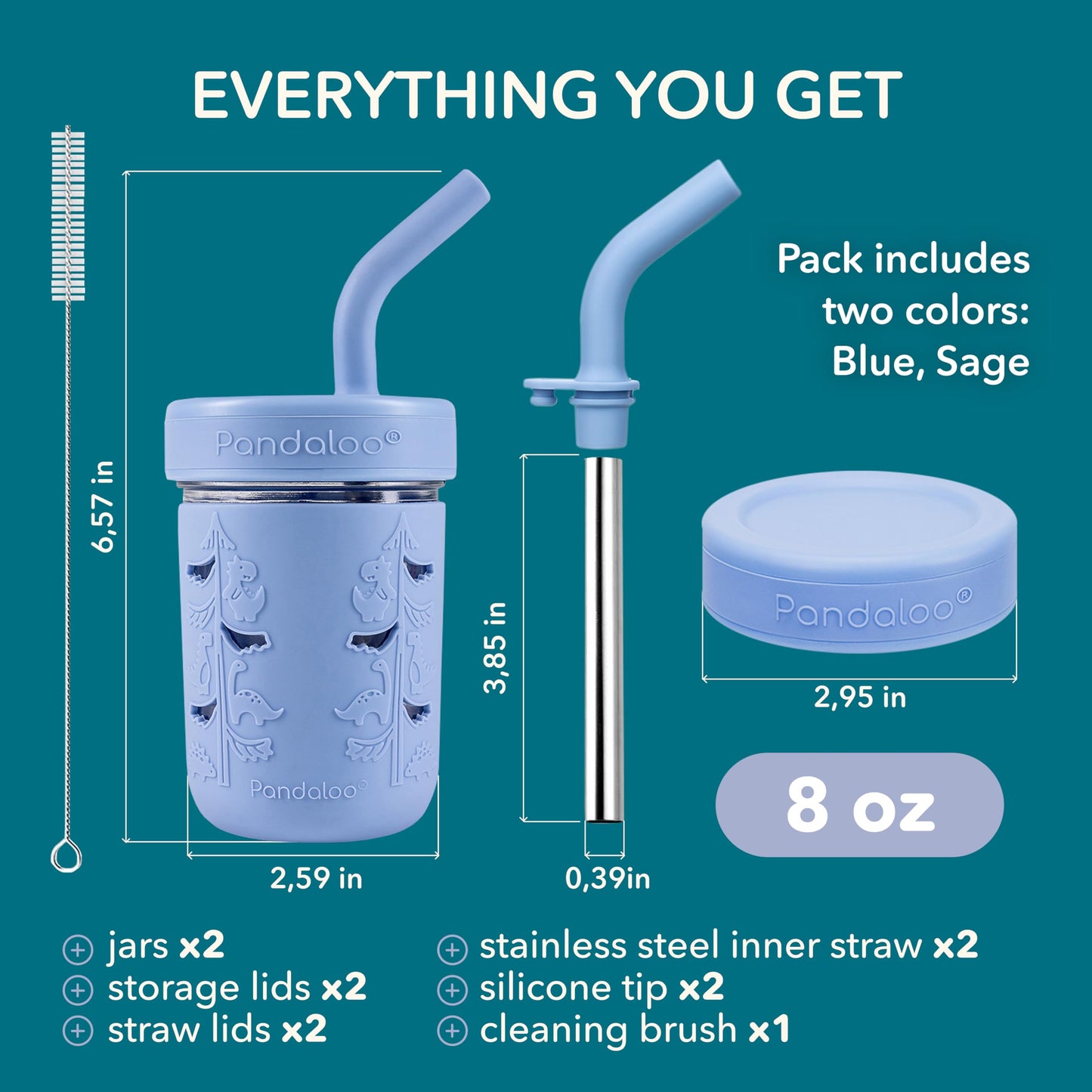 Pandaloo Mason Jar - Vaso de vidrio de 8 onzas con funda y tapas de silicona | Vasos de licuado y aperitivos resistentes a derrames para niños, sin BPA, pajita interior de acero inoxidable