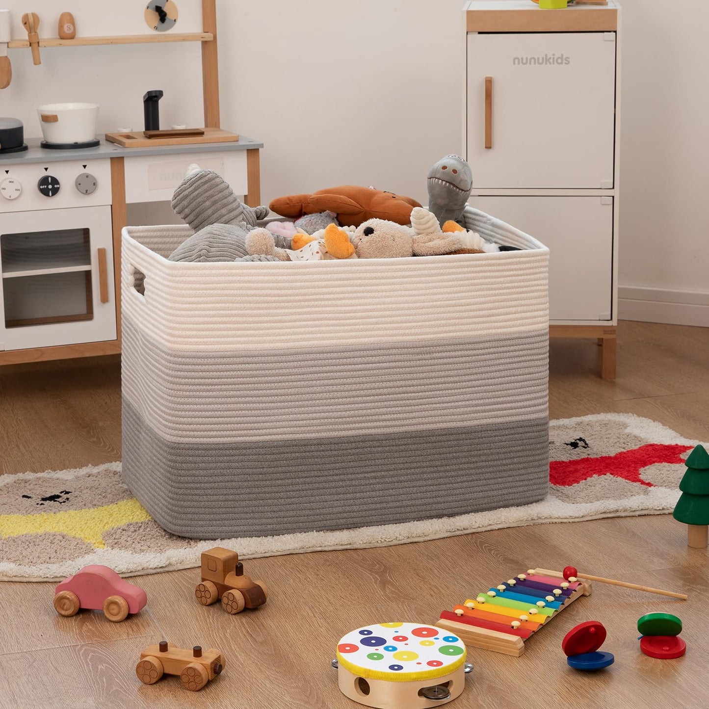 OIAHOMY - Cesta grande de cuerda de algodón de 108 L, cestas tejidas rectangulares para almacenamiento, almacenamiento de mantas para cuarto de bebé y sala de estar, cesta de juguetes con asa - 63,5