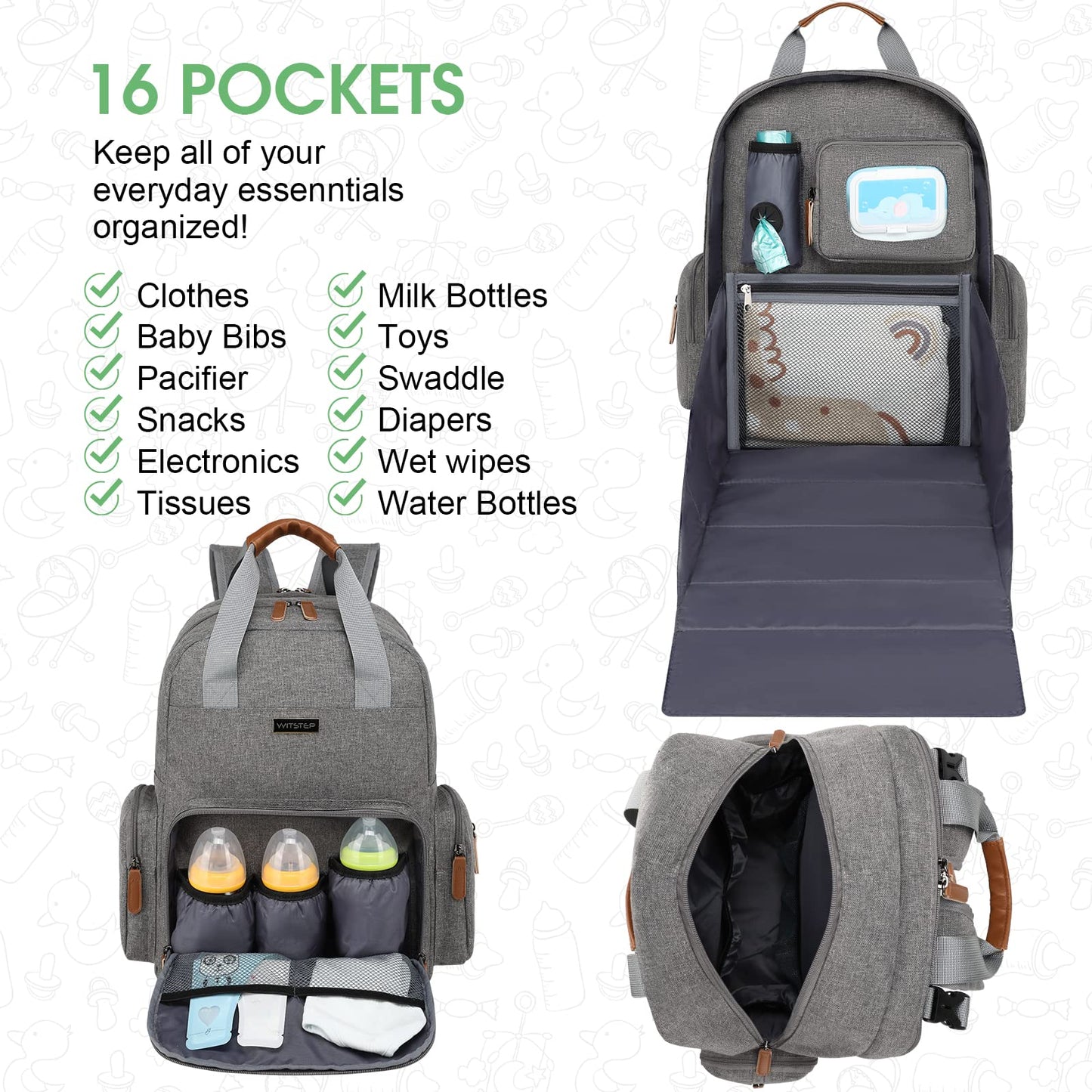 WITSTEP - Mochila para pañales con estación de cambio, organizador de pañales para bebés, para mamás, papás, bolsas grandes para cambiar de bebé, Gris, 15 x 7.5 x 19 inches, Mochila para pañales con