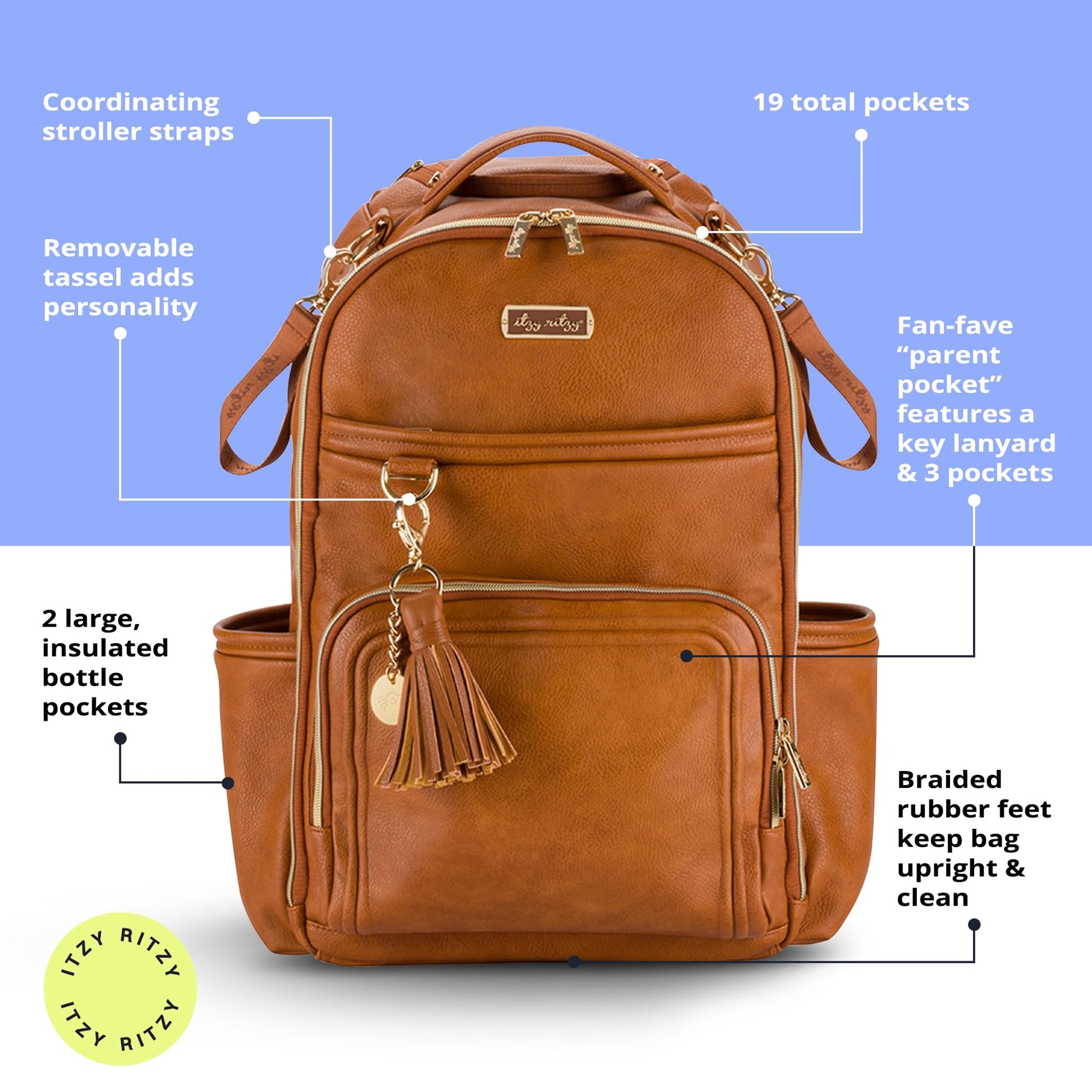 Itzy Ritzy - Mochila para pañales – Mochila de gran capacidad Boss Plus para bebé con 19 bolsillos, cambiador, clips para carriola y correas cómodas (coñac)