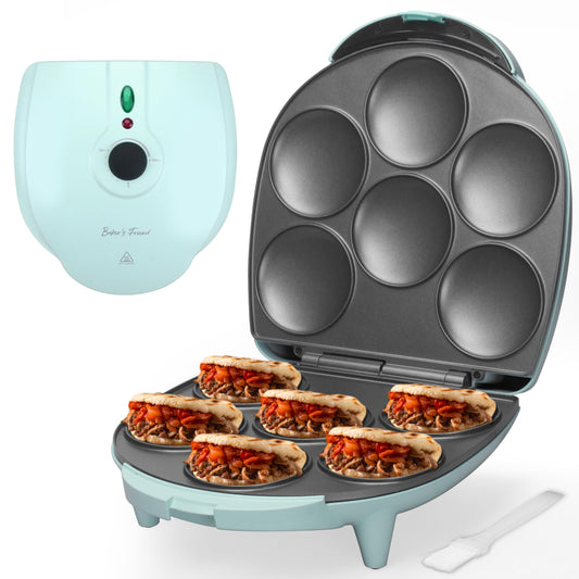 Baker's Friend - Arepas eléctrica con control de Browning Maker, mini panqueques, sartén para hacer panqueques, Tostiarepa, hace empanadas de maíz, Arepas, mini panqueques, huevos fritos, sándwiches