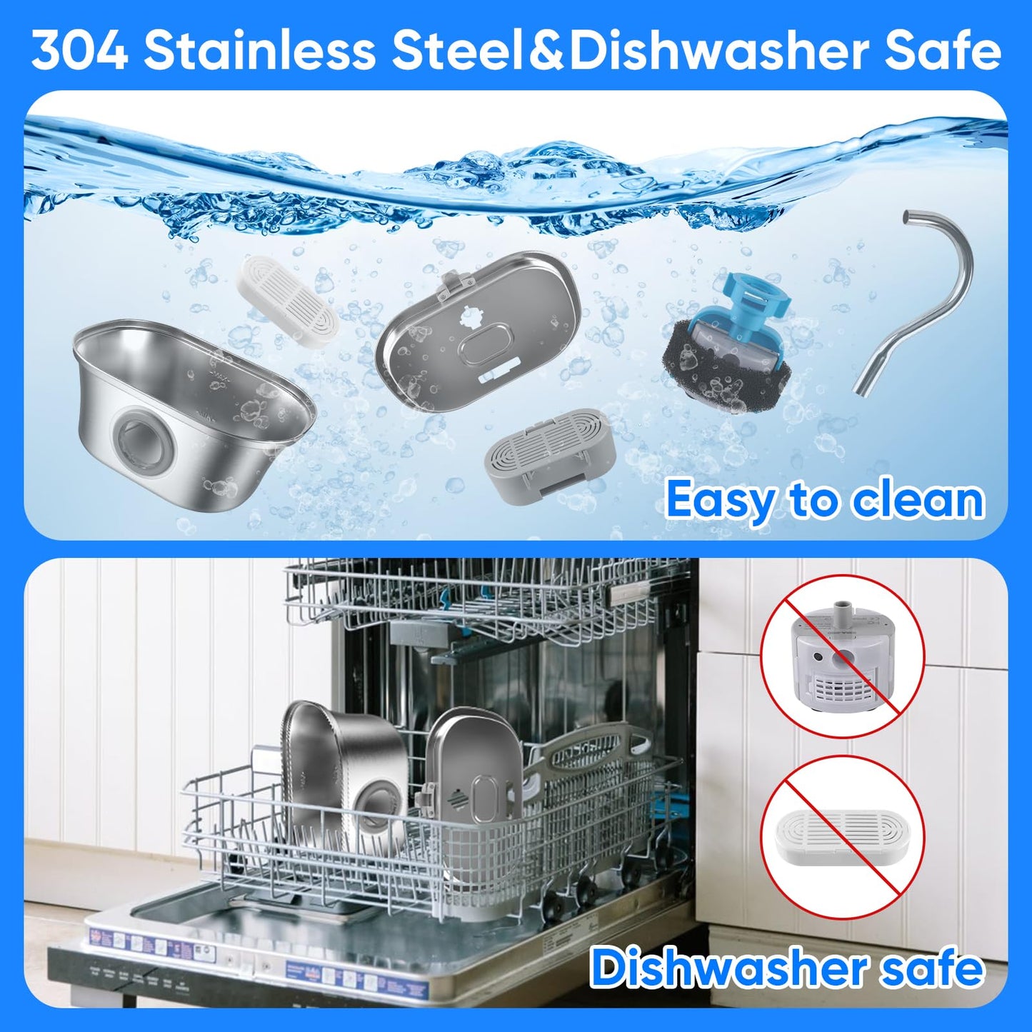Fuente de agua para gatos con ventana de nivel de agua, fuente de agua para mascotas de 110 oz/3.2 l para gatos/perros en el interior, acero inoxidable 304, apta para lavaplatos con bomba de bajo ruido, sistema de filtración