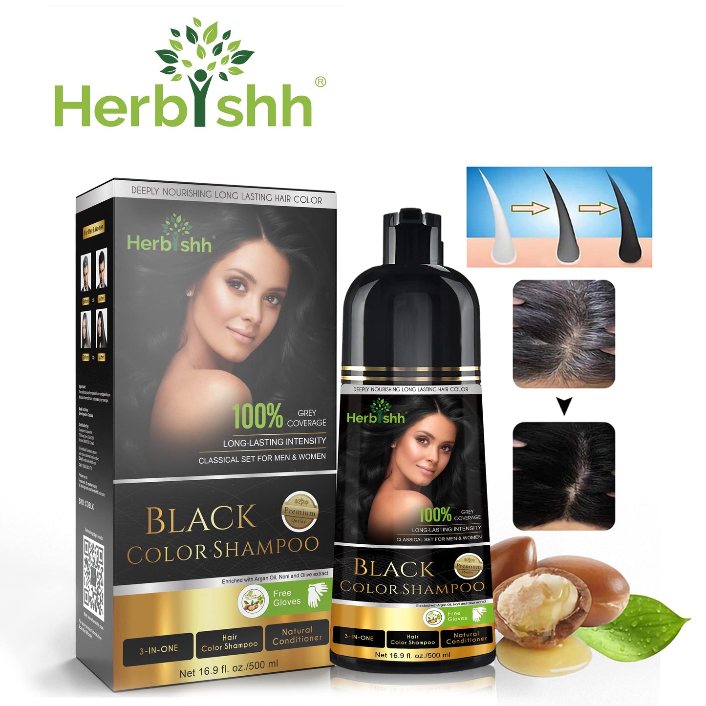 Herbishh - Champú colorante para cabello gris, champú con tinte natural para el cabello, colorea el cabello en minutos, dura hasta 3 o 4 semanas, 500 ml, tinte de cabello 3 en 1, sin amoniaco | (negro)
