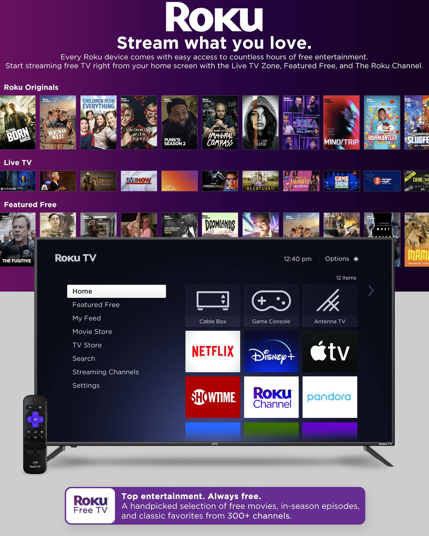 TV Inteligente LED HD 32 Pulgadas JVC 720p con Control de Voz y Más de 300 Canales de Transmisión Gratuitos