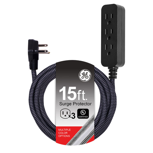 GE Pro Tira Multicontactos De 3 Salidas con Supresor de Picos, Enchufe Plano, Cable De Extensión Trenzado de 4.5 m (15 Pies) 250 Julios, Conectado a Tierra Certificacion UL, Negro/Gris 1 Unidad 44237