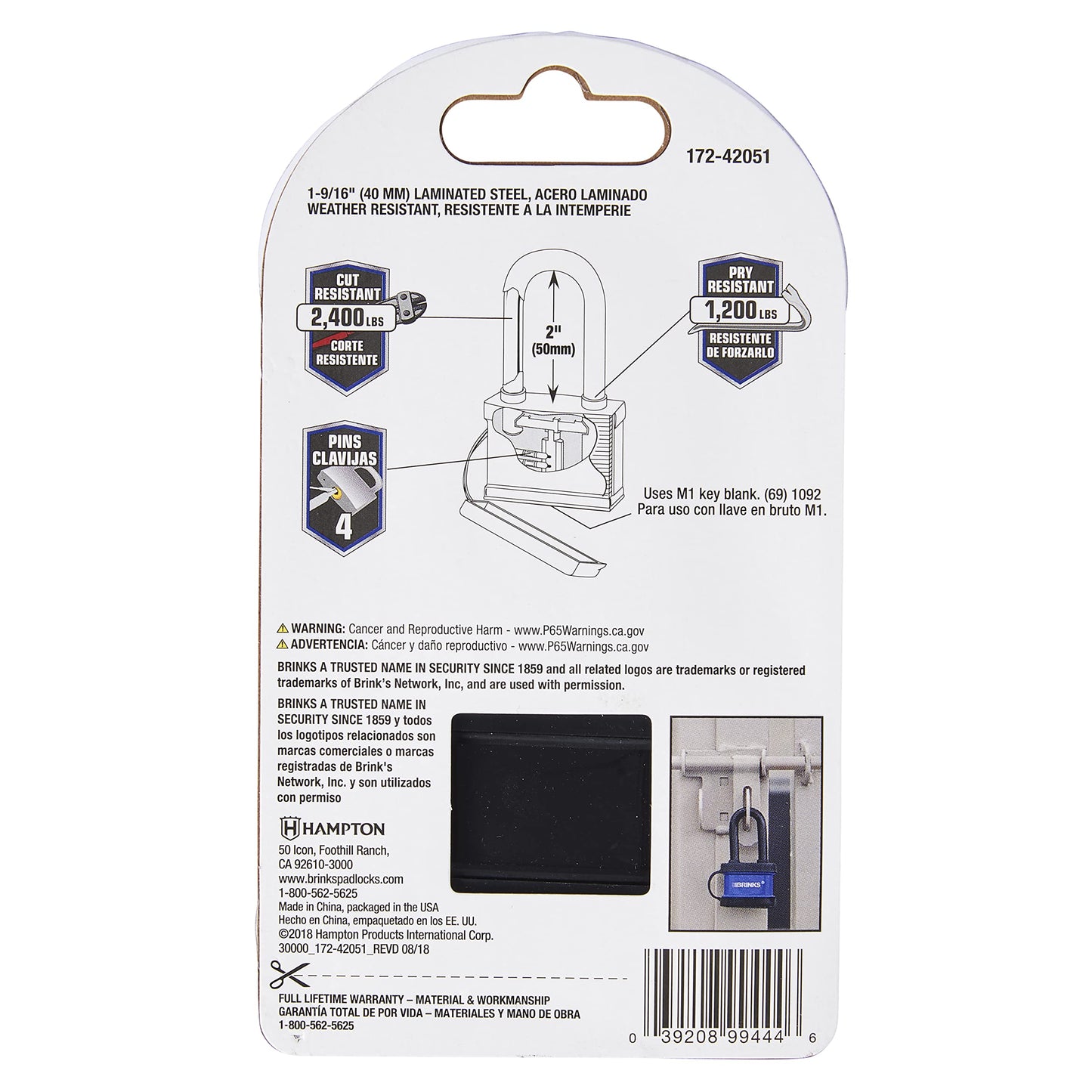 BRINKS - Candado de acero laminado de 40 mm resistente a la intemperie con grillete de 2 pulgadas, envuelto en vinilo y chapado en cromo con grillete de acero endurecido, 172-42051, negro