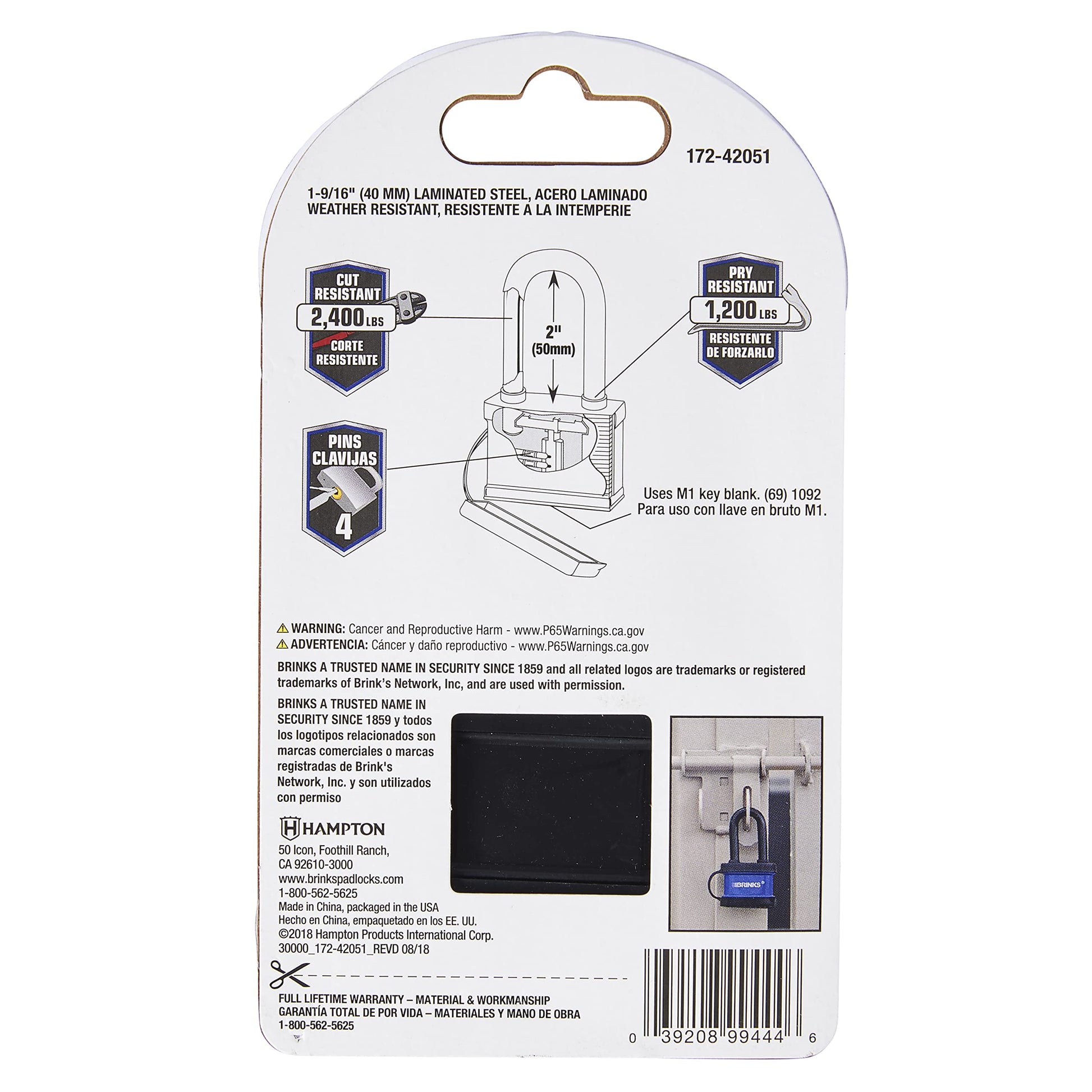BRINKS - Candado de acero laminado de 40 mm resistente a la intemperie con grillete de 2 pulgadas, envuelto en vinilo y chapado en cromo con grillete de acero endurecido, 172-42051, negro