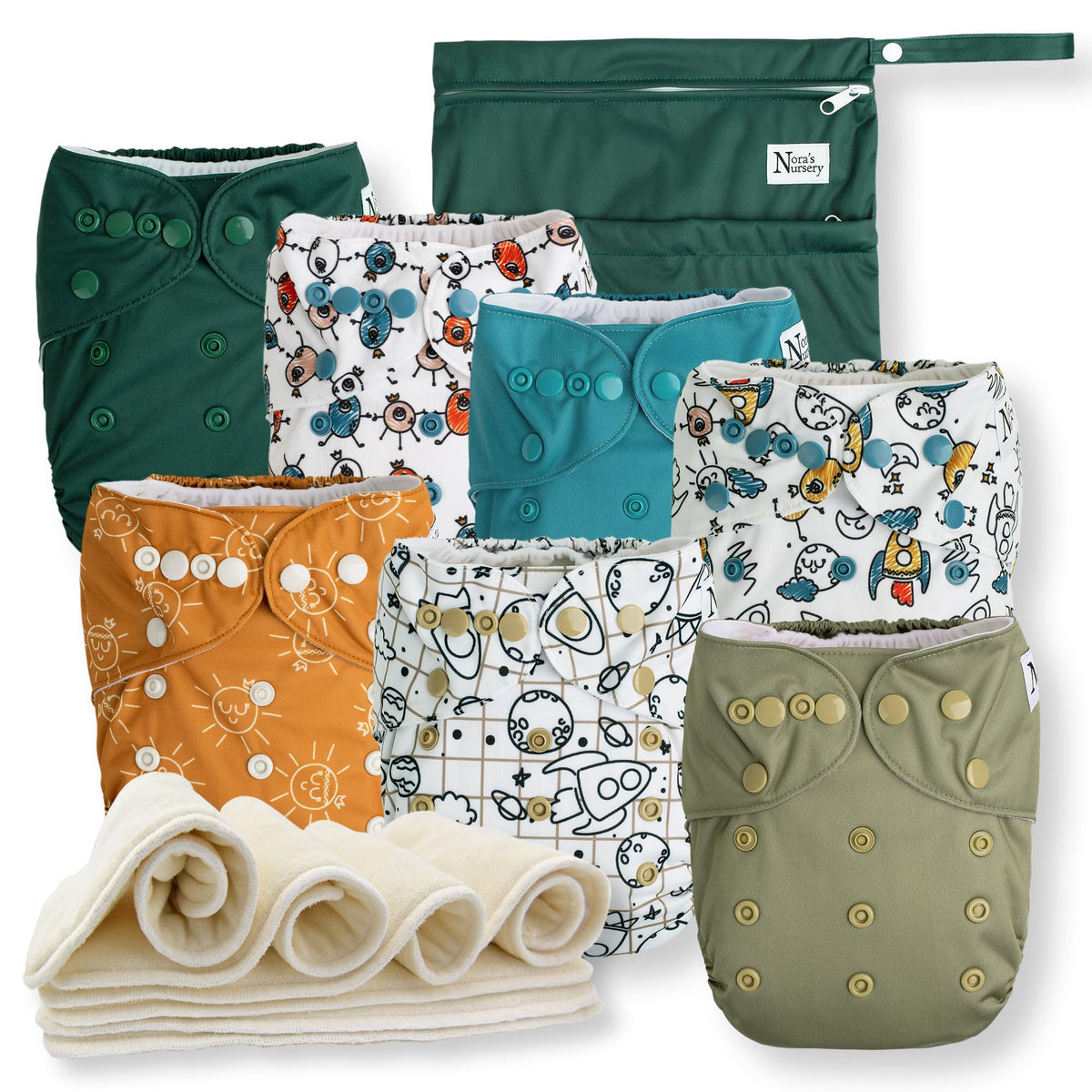 Nora's - Paquete de 7 pañales de tela con 7 inserciones y 1 bolsa húmeda, funda impermeable, lavable, reutilizable y de tamaño único para recién nacidos y niños pequeños, espacio exterior