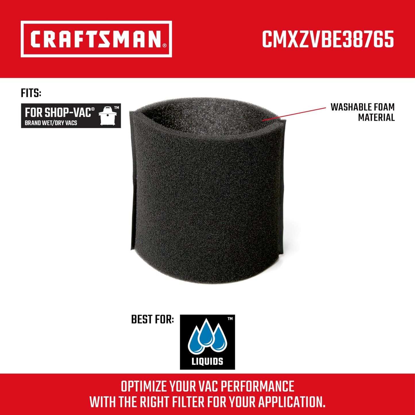 CRAFTSMAN CMXZVBE38765 - Filtro de aspiradora de repuesto para aspiradora de espuma y secado húmedo, lavable y reutilizable, filtro de aplicación húmeda para la mayoría de aspiradoras de tienda de