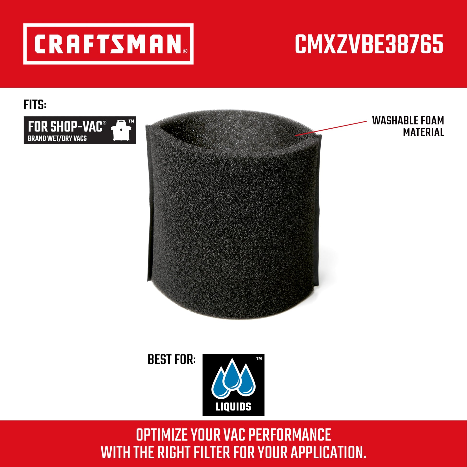 CRAFTSMAN CMXZVBE38765 - Filtro de aspiradora de repuesto para aspiradora de espuma y secado húmedo, lavable y reutilizable, filtro de aplicación húmeda para la mayoría de aspiradoras de tienda de