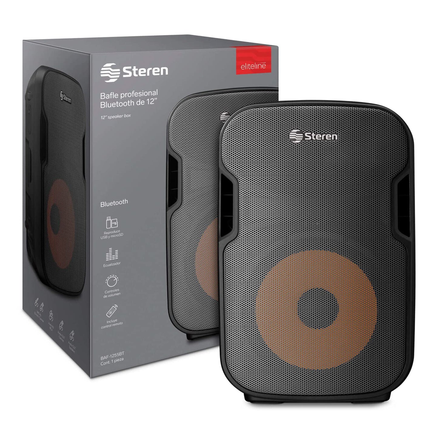 STEREN BAF-1255BT Bafle 12" 2300 WPMPO Bluetooth, woofer y Tweeter, MP3 por microSD o USB, AUX RCA, 6,3 mm para Mic, Crossover, Salida Speakon, Ruedas y agarraderas, Orificio para Colocar en Pedestal