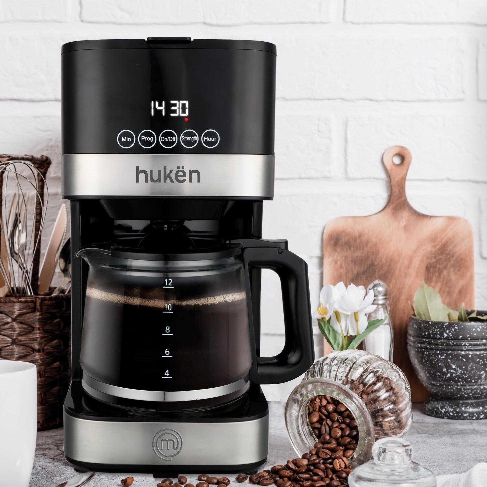 Cafetera Smart Brew MasterChef by Hukën, Cafetera de goteo, programable, inteligente, con filtro permanente, capacidad 12 tazas, gris, modelo MK-DCM-12PV2